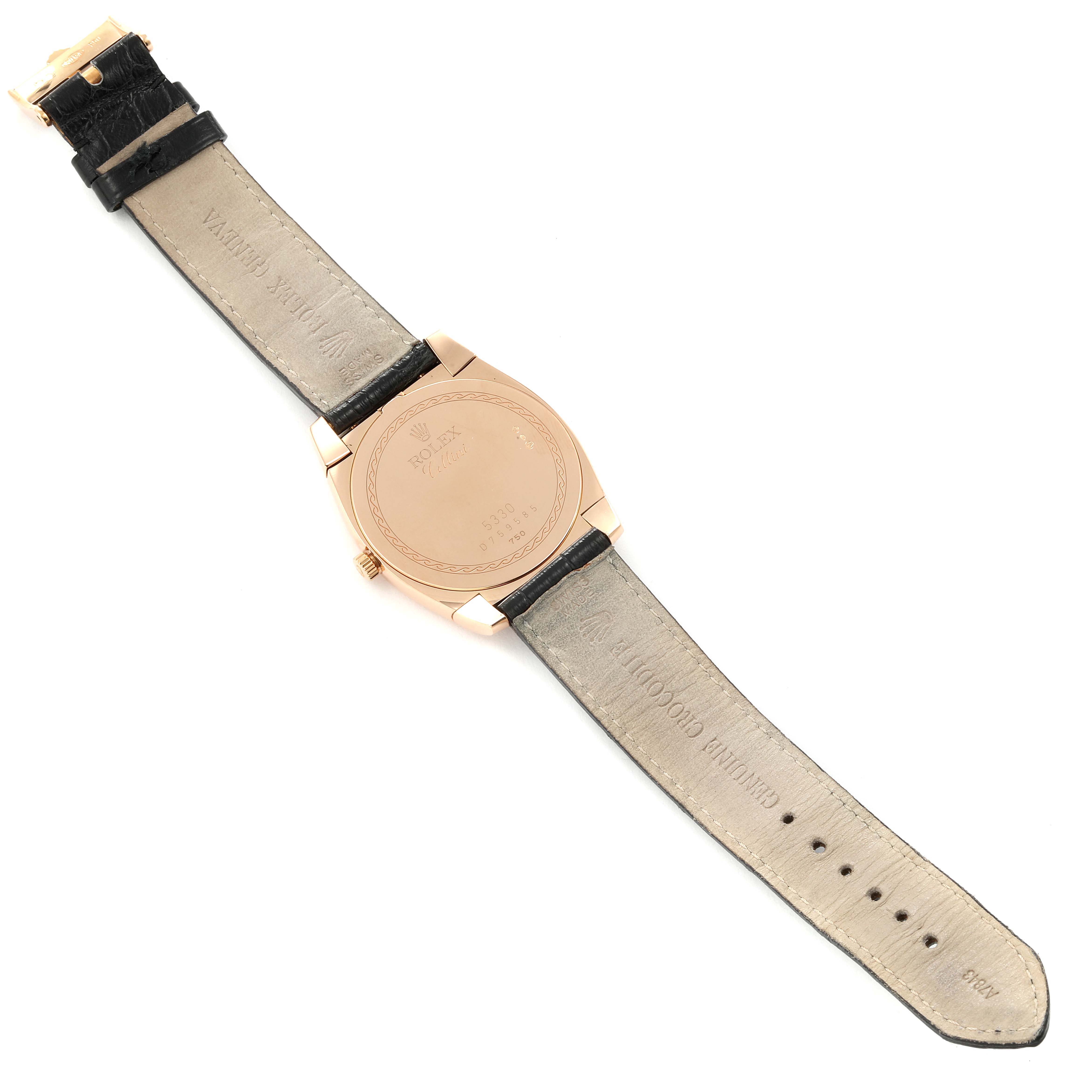 This image shows the back and strap of a Rolex Cellini 5330 Men's Rose Gold Grey Dial 5330 Men's Rose Gold Grey Dial watch laid flat.