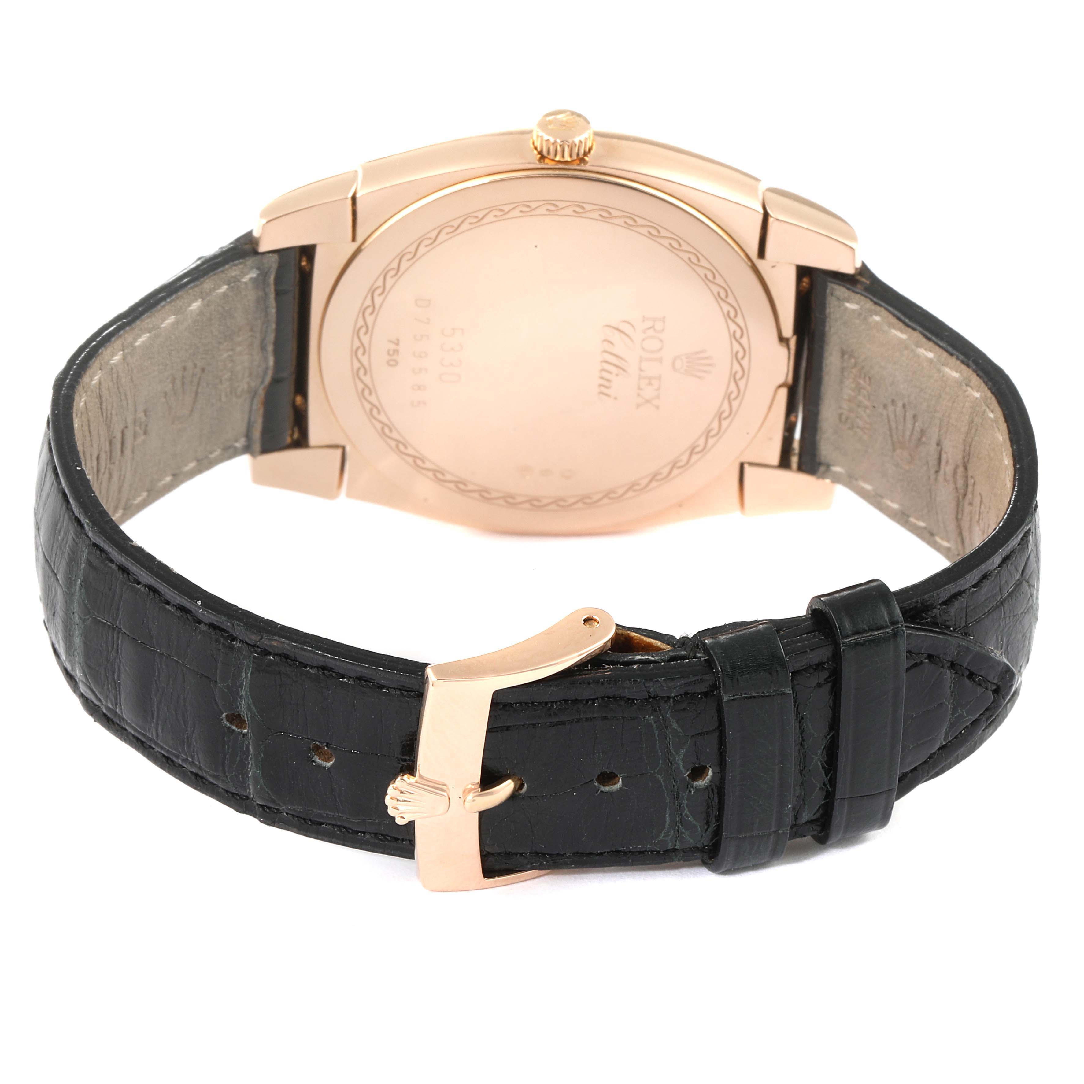 The image shows the back view of a Rolex Cellini 5330 Men's Rose Gold Grey Dial 5330 Men's Rose Gold Grey Dial watch, highlighting its case back, lugs, and black leather strap with the buckle.
