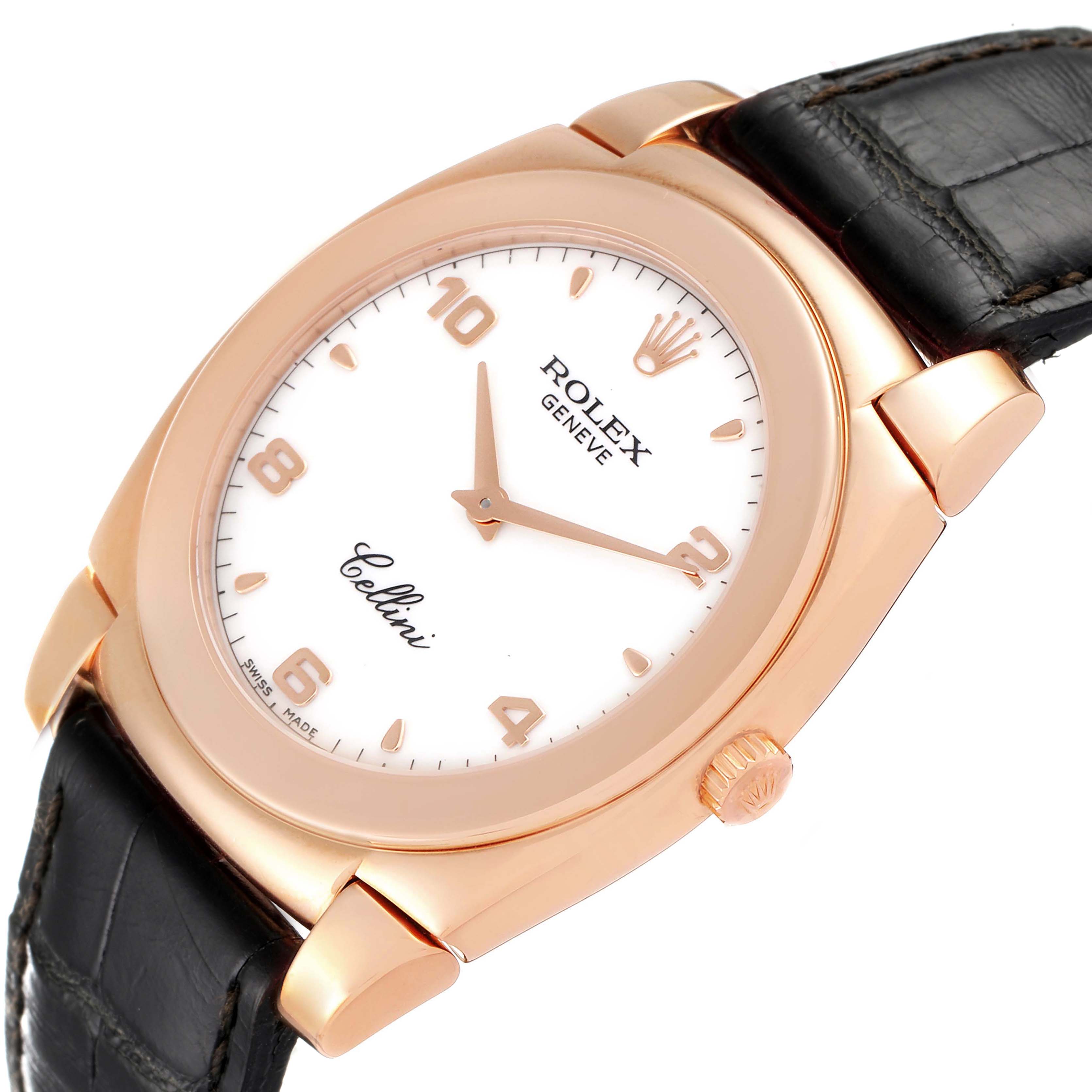 This is a close-up angled view of a Rolex Cellini 5330 Men
s Rose Gold White Dial 5330 Men
s Rose Gold White Dial watch, showcasing its dial, case, and part of the leather strap.