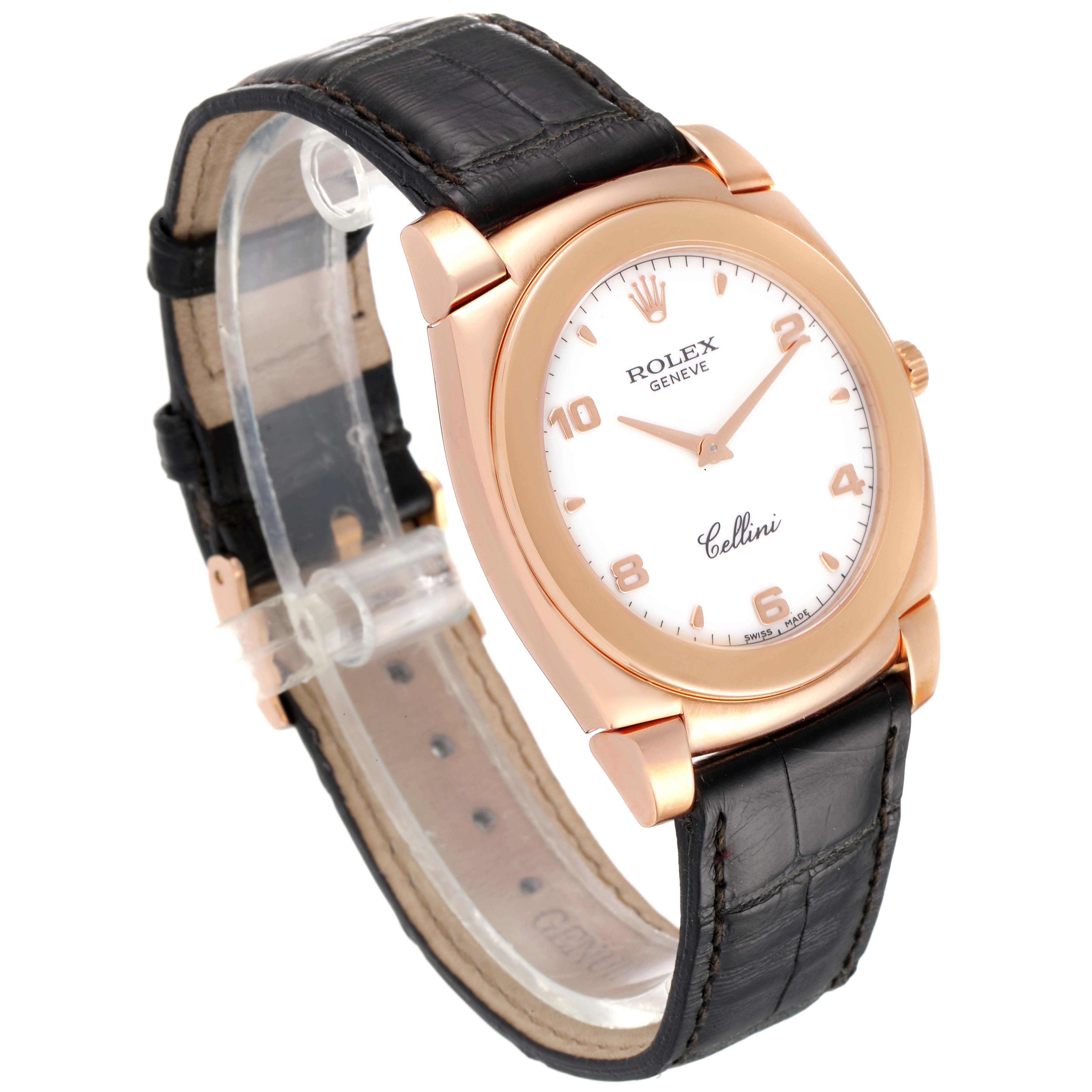 The Rolex Cellini 5330 Men
s Rose Gold White Dial 5330 Men
s Rose Gold White Dial watch is shown at an angle, displaying the face, bezel, crown, lugs, and leather strap.