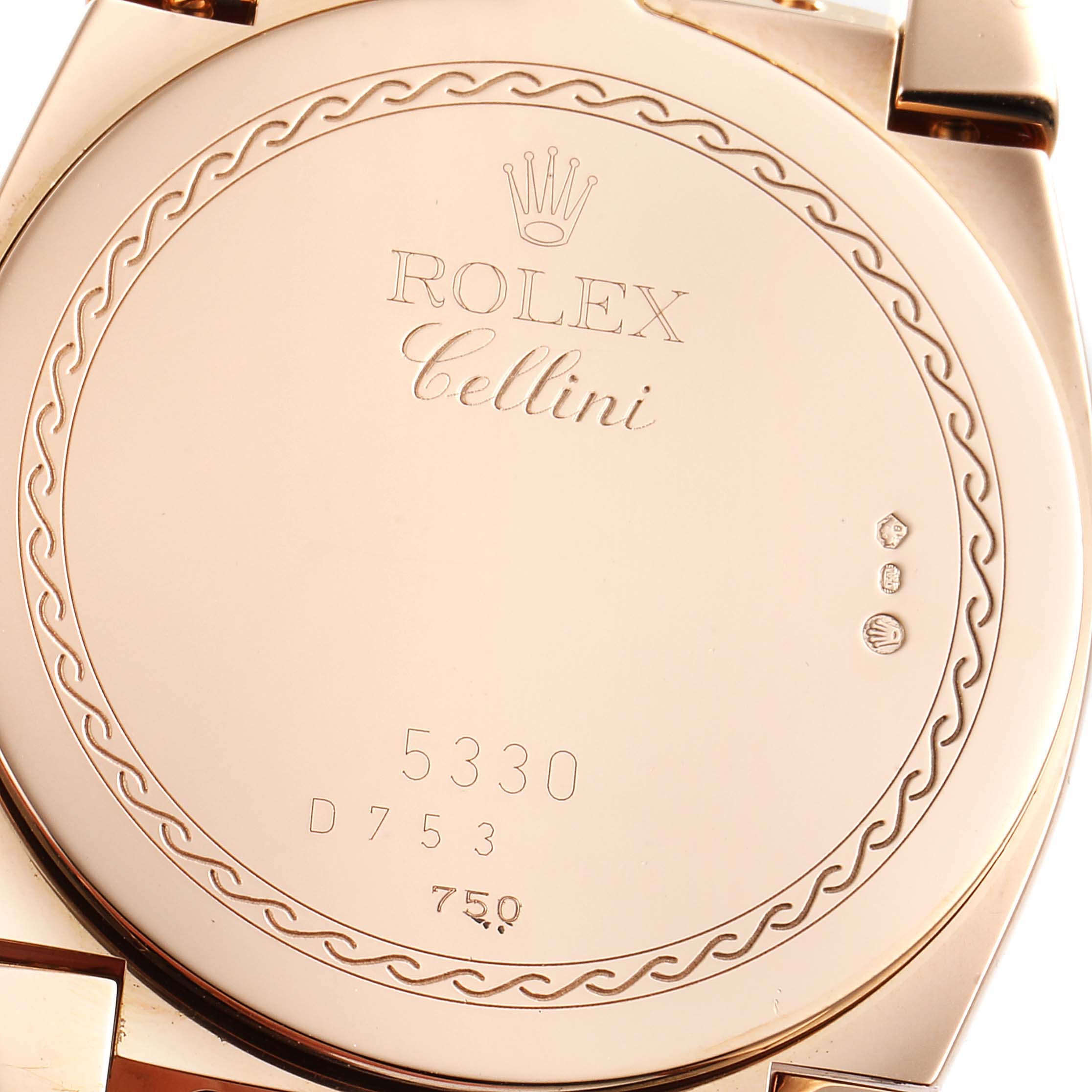 This image shows the back of a Rolex Cellini 5330 Men
s Rose Gold White Dial 5330 Men
s Rose Gold White Dial watch, displaying the model name and serial numbers.