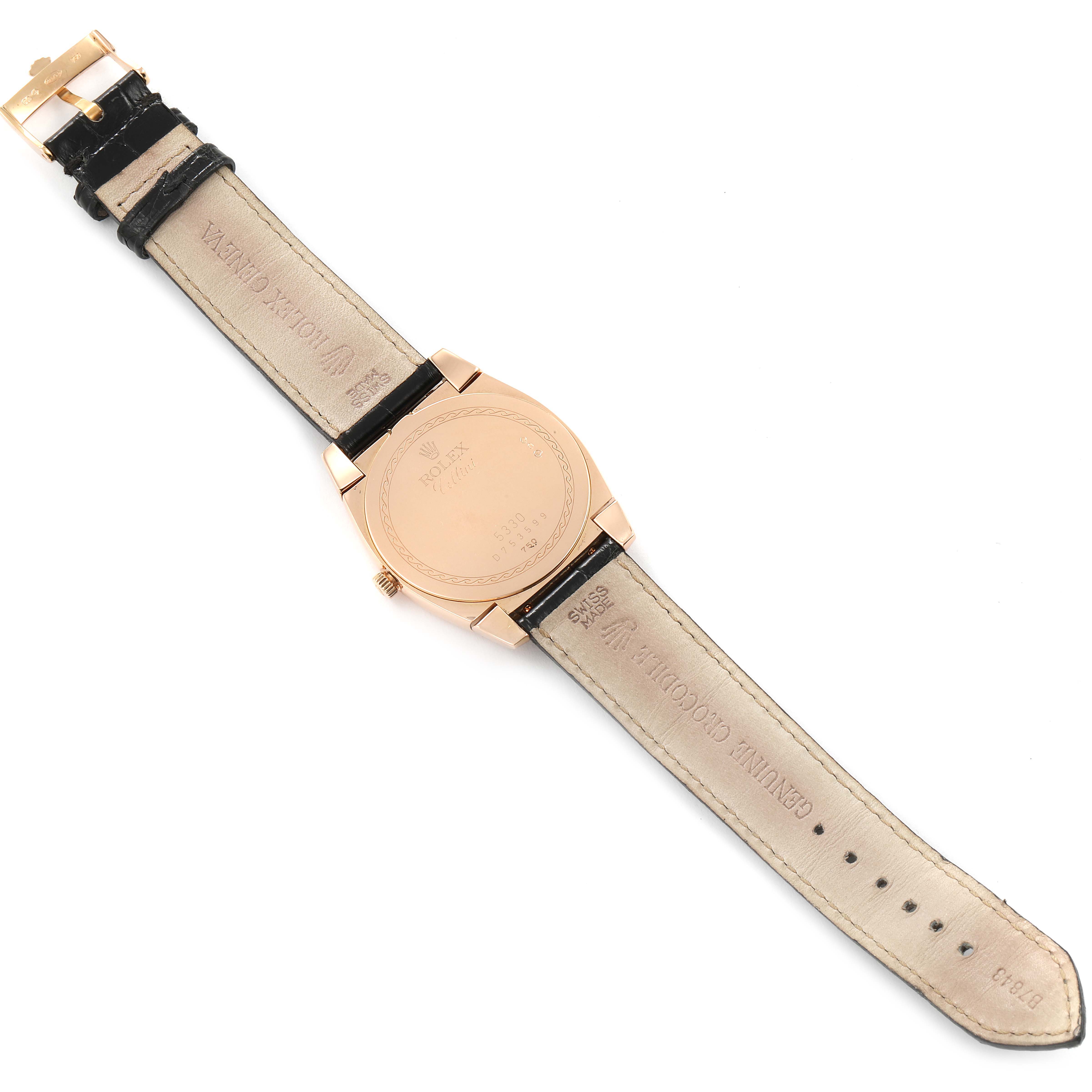 The image shows the back view of a Rolex Cellini 5330 Men
s Rose Gold White Dial 5330 Men
s Rose Gold White Dial watch, including the case back, crown, and leather strap.