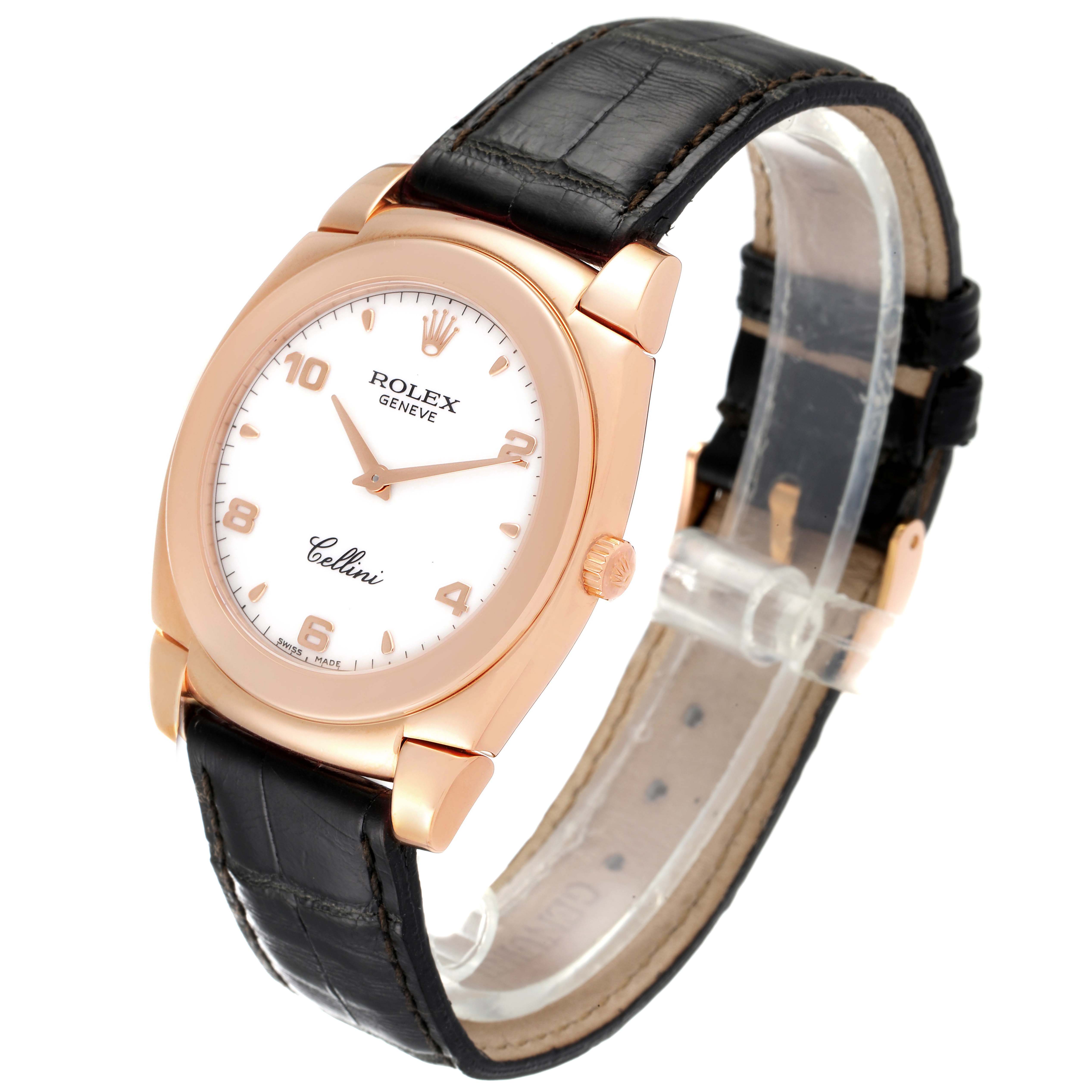 The Rolex Cellini 5330 Men
s Rose Gold White Dial 5330 Men
s Rose Gold White Dial watch is shown at a slight angle showcasing its face, crown, and black leather strap.