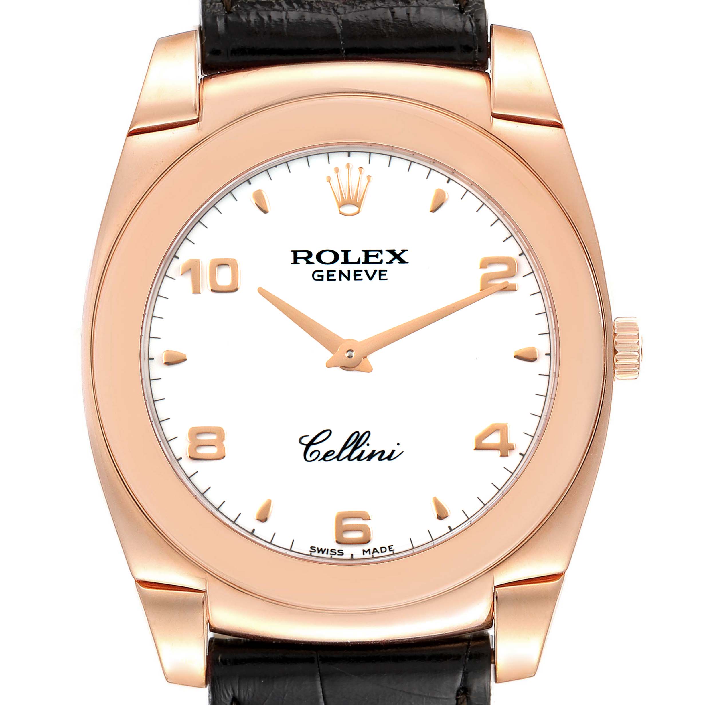 This Rolex Cellini 5330 Men
s Rose Gold White Dial 5330 Men
s Rose Gold White Dial model watch is shown from the front angle, displaying its dial, bezel, crown, and leather strap.