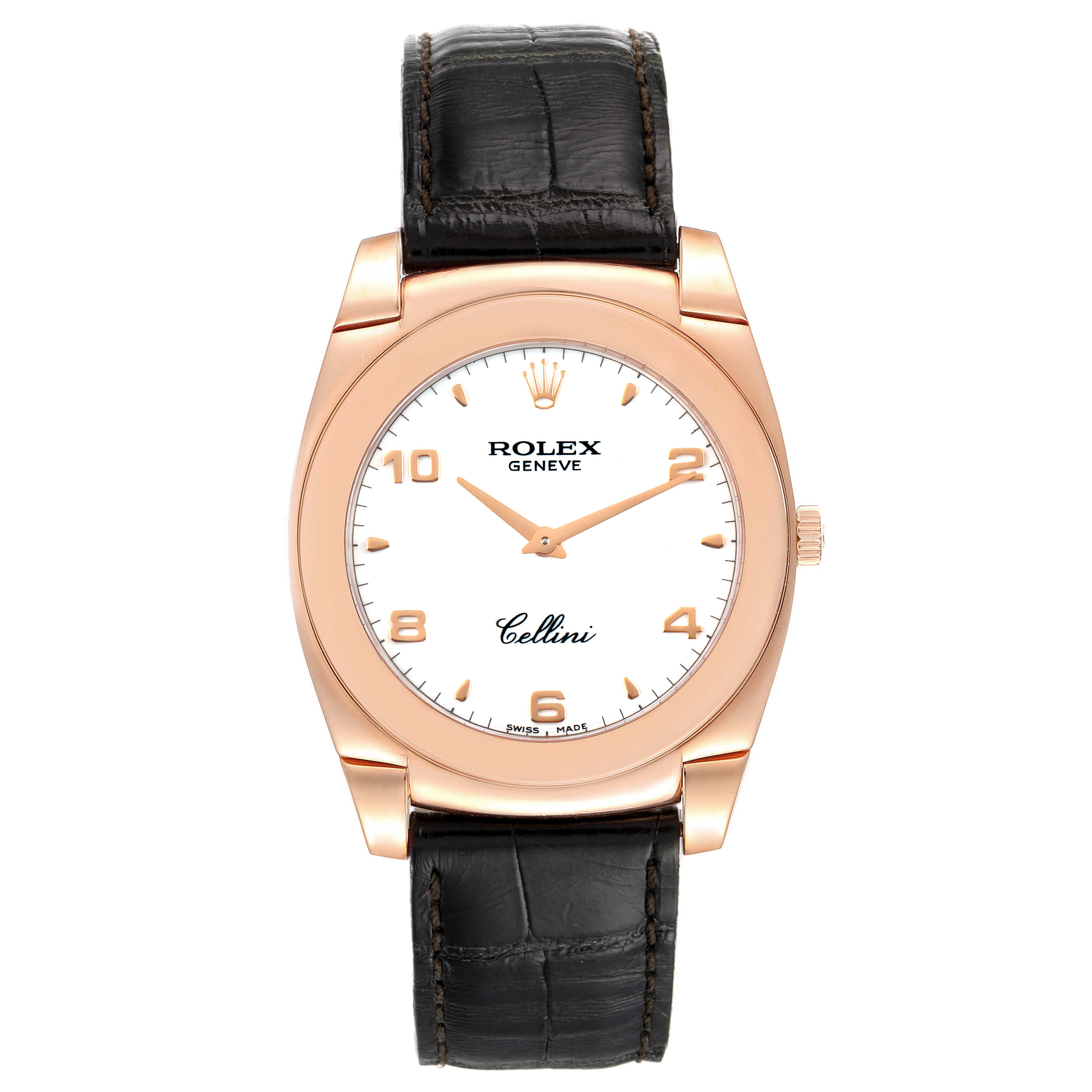 The image shows a front view of a Rolex Cellini 5330 Men
s Rose Gold White Dial 5330 Men
s Rose Gold White Dial watch with a black leather strap and a rose gold case.