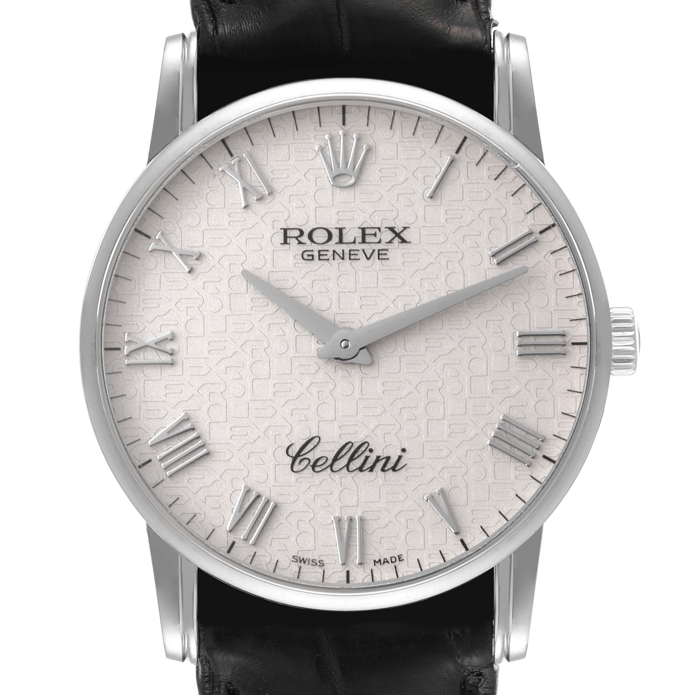 The image shows a front view of the Rolex Cellini 5116 Men's White Gold Beige Dial 5116 Men's White Gold Beige Dial, highlighting the dial, roman numerals, hands, crown, and part of the leather strap.