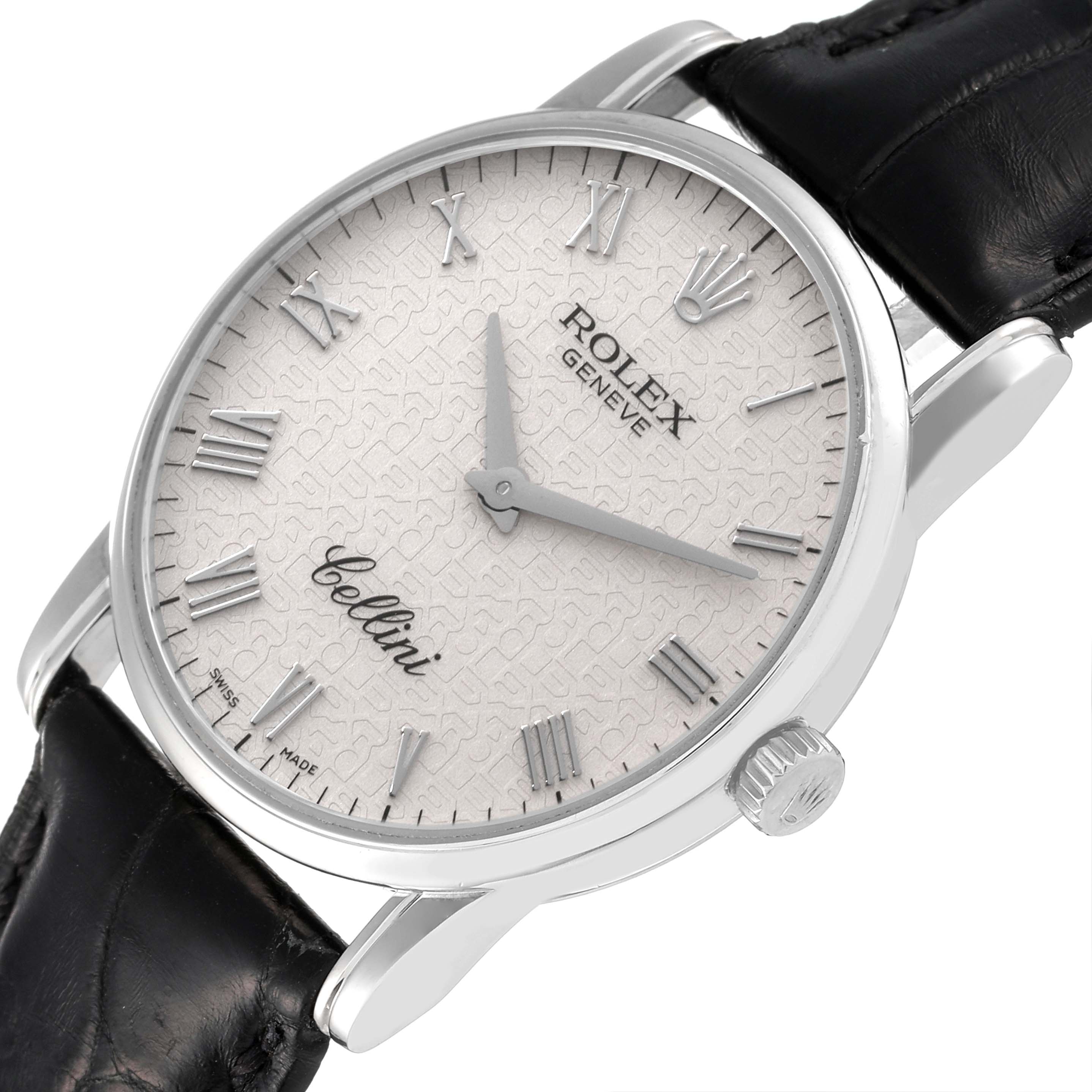 The image shows the Rolex Cellini 5116 Men's White Gold Beige Dial 5116 Men's White Gold Beige Dial model watch at an angled view, highlighting its face, crown, and strap attachments.