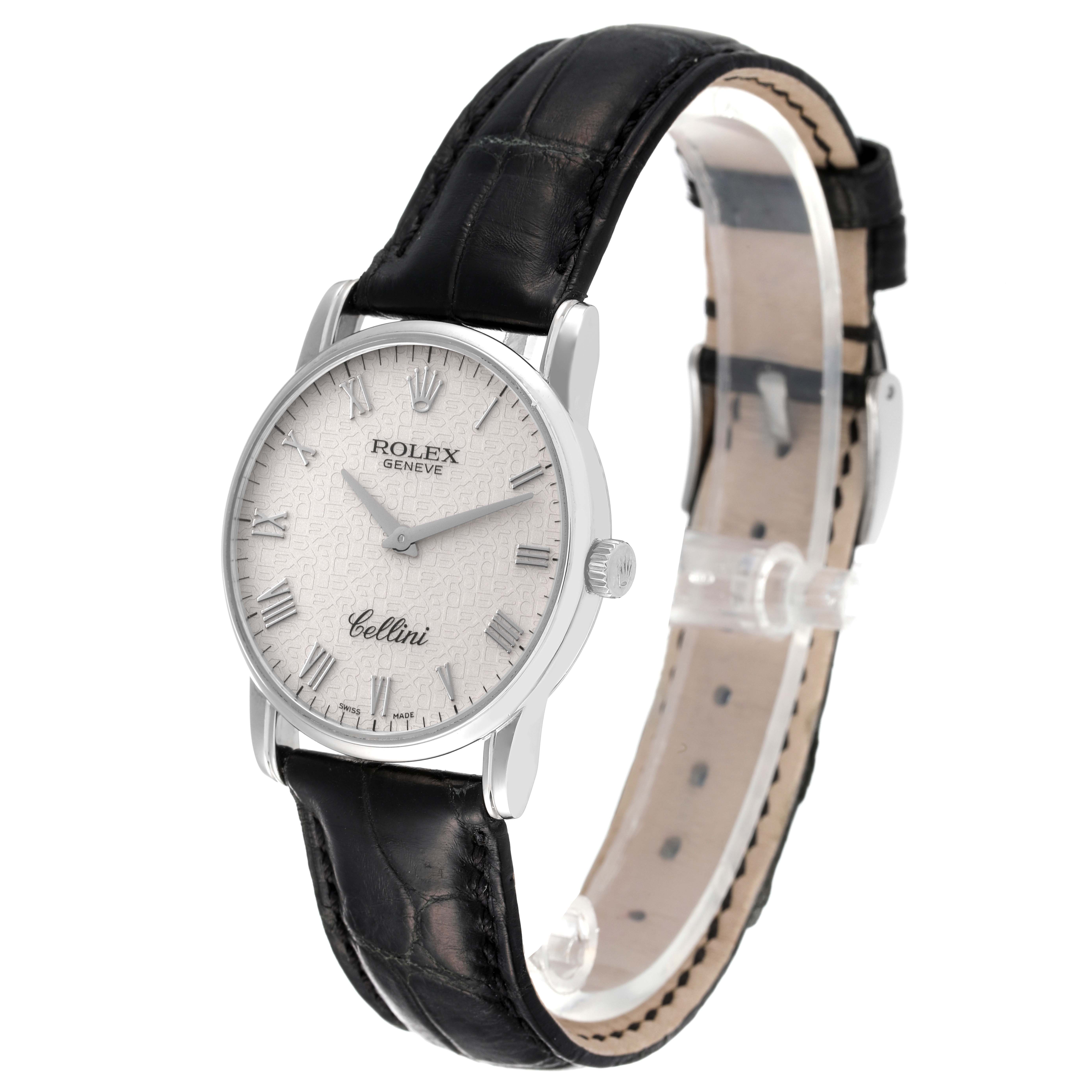 The image shows a side angle of a Rolex Cellini 5116 Men's White Gold Beige Dial 5116 Men's White Gold Beige Dial watch, displaying its face, crown, and leather strap.