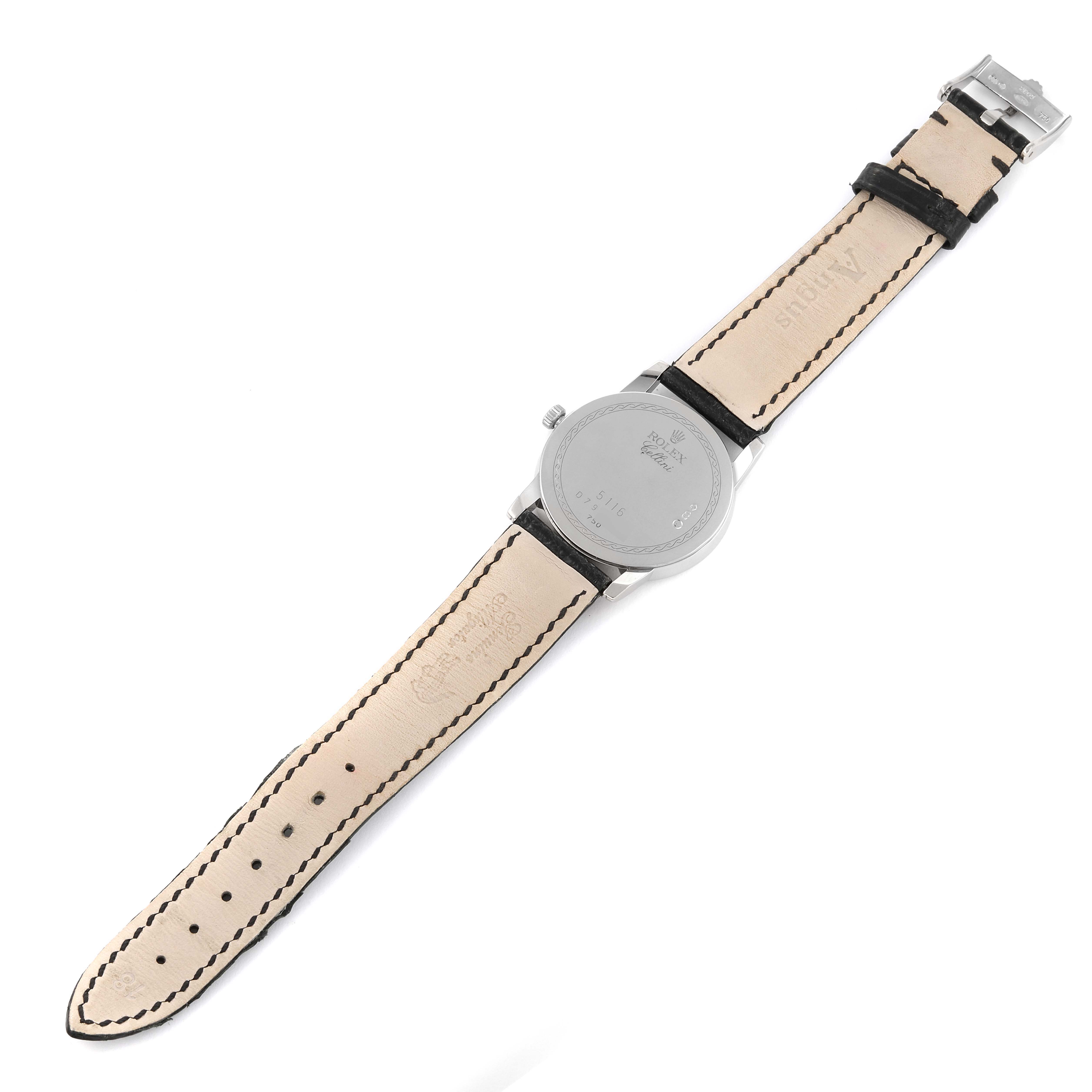 The image shows the back view of a Rolex Cellini 5116 Men's White Gold Beige Dial 5116 Men's White Gold Beige Dial watch, highlighting its case back and leather strap with clasp.