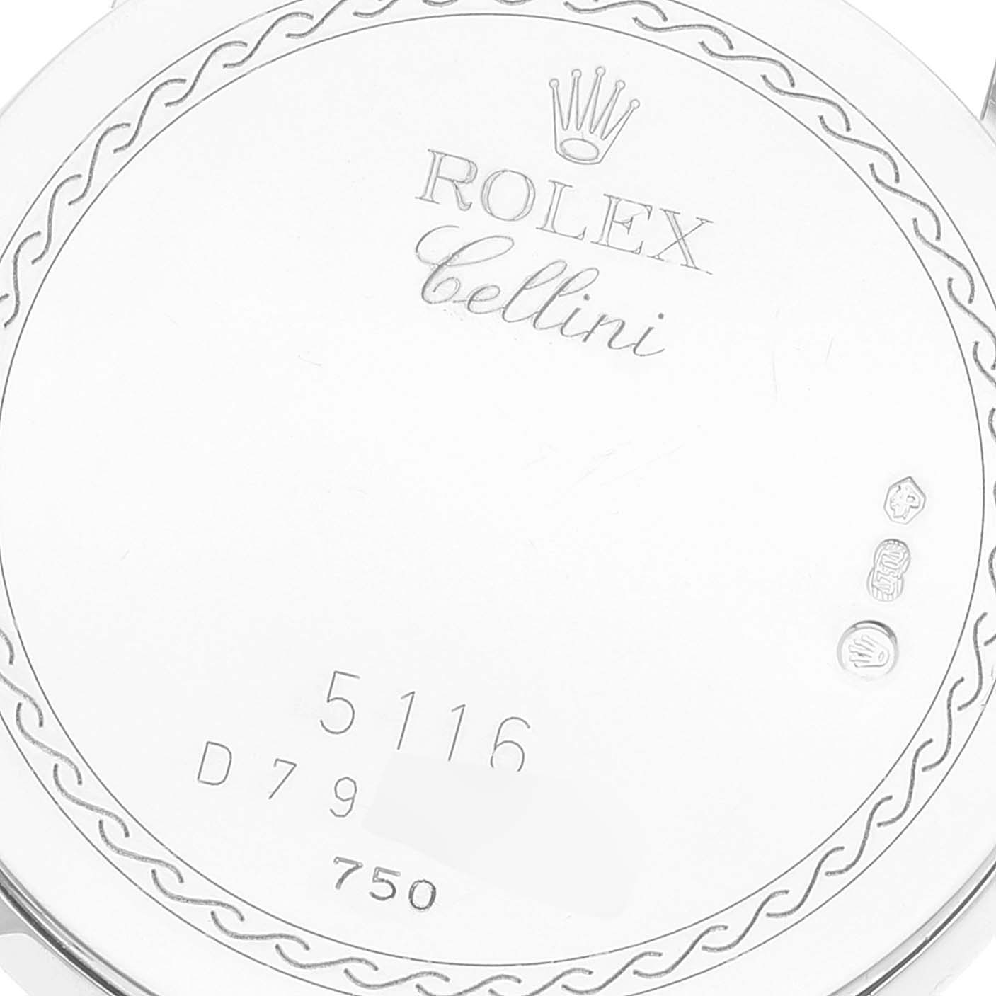 The image shows the back casing of a Rolex Cellini 5116 Men's White Gold Beige Dial 5116 Men's White Gold Beige Dial watch, displaying the brand logo, model number, and hallmark stamps.