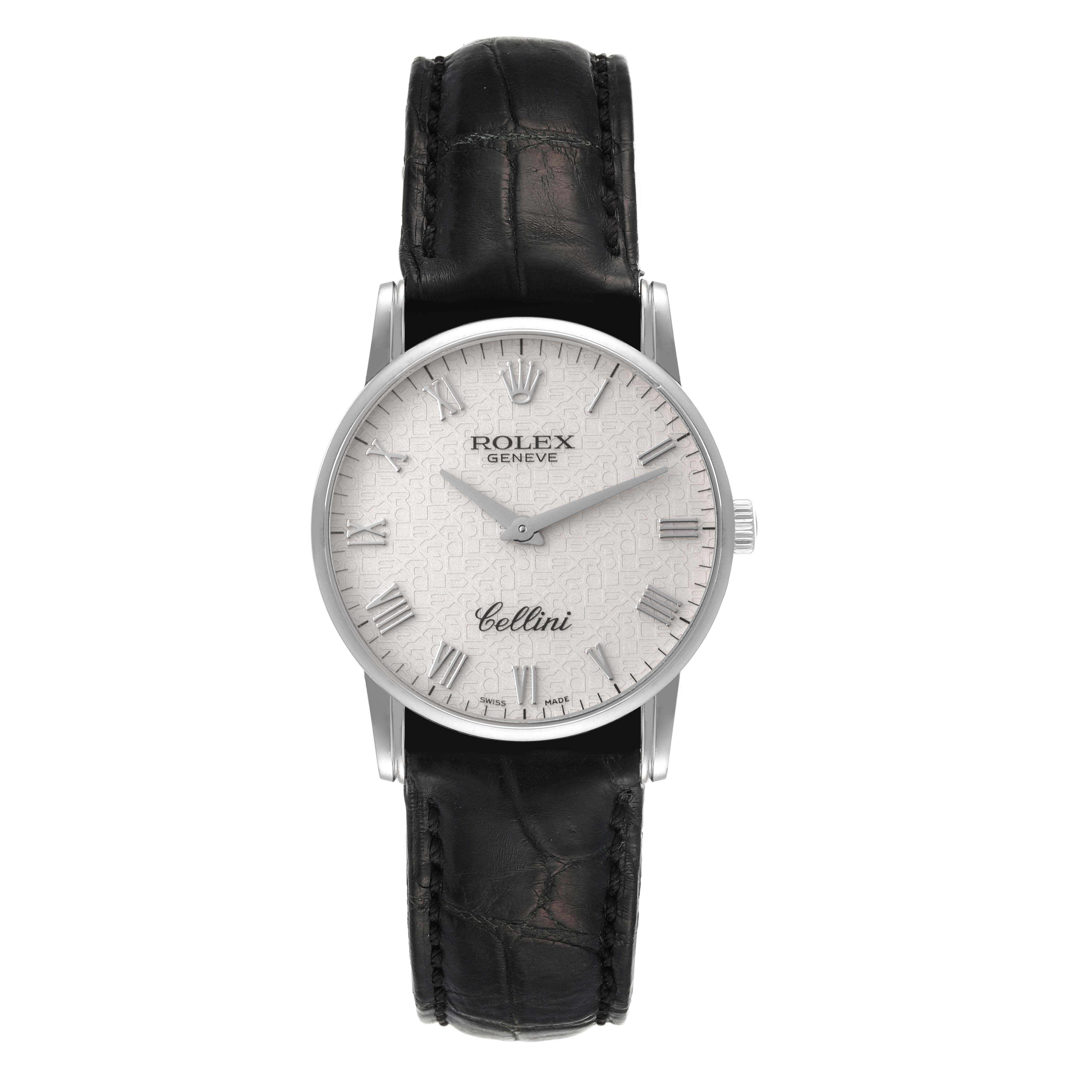 The image shows a frontal view of a Rolex Cellini 5116 Men's White Gold Beige Dial 5116 Men's White Gold Beige Dial watch with a leather strap and a white dial.