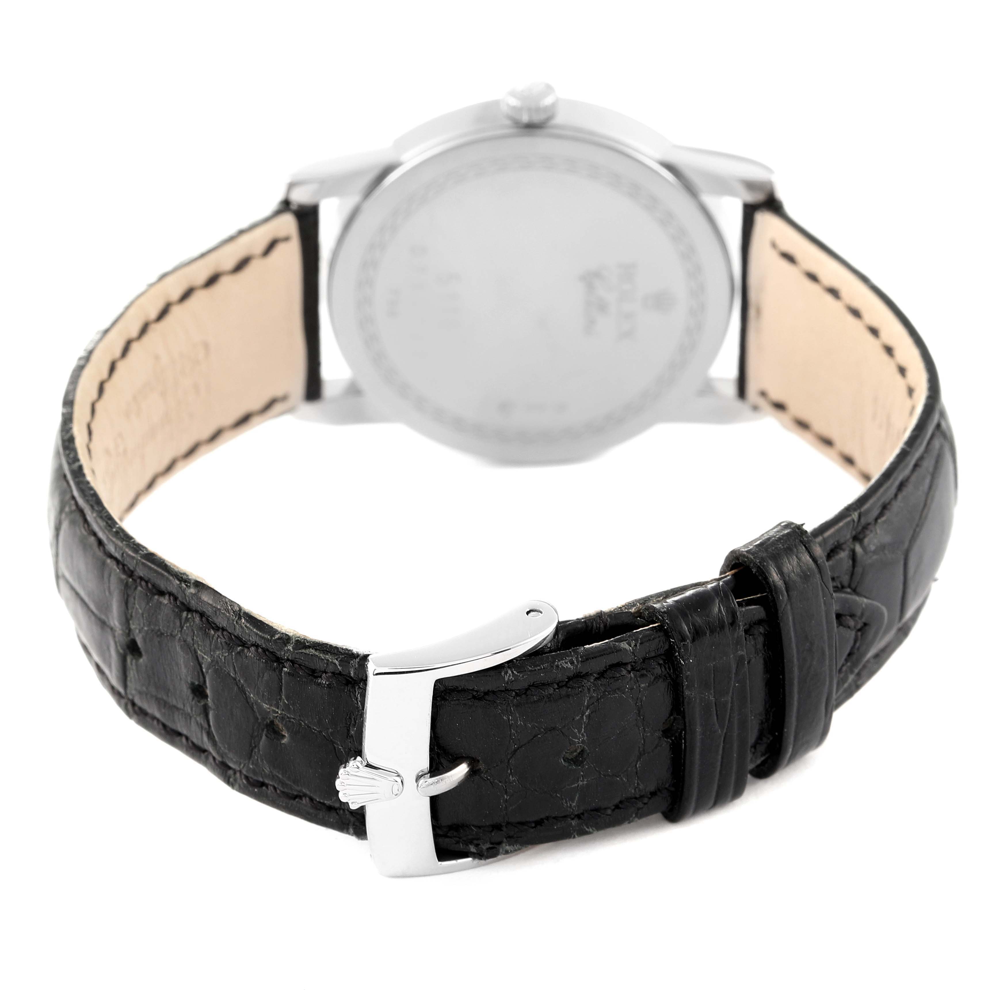 The image shows the rear view of a Rolex Cellini 5116 Men's White Gold Beige Dial 5116 Men's White Gold Beige Dial watch, highlighting the strap and buckle.