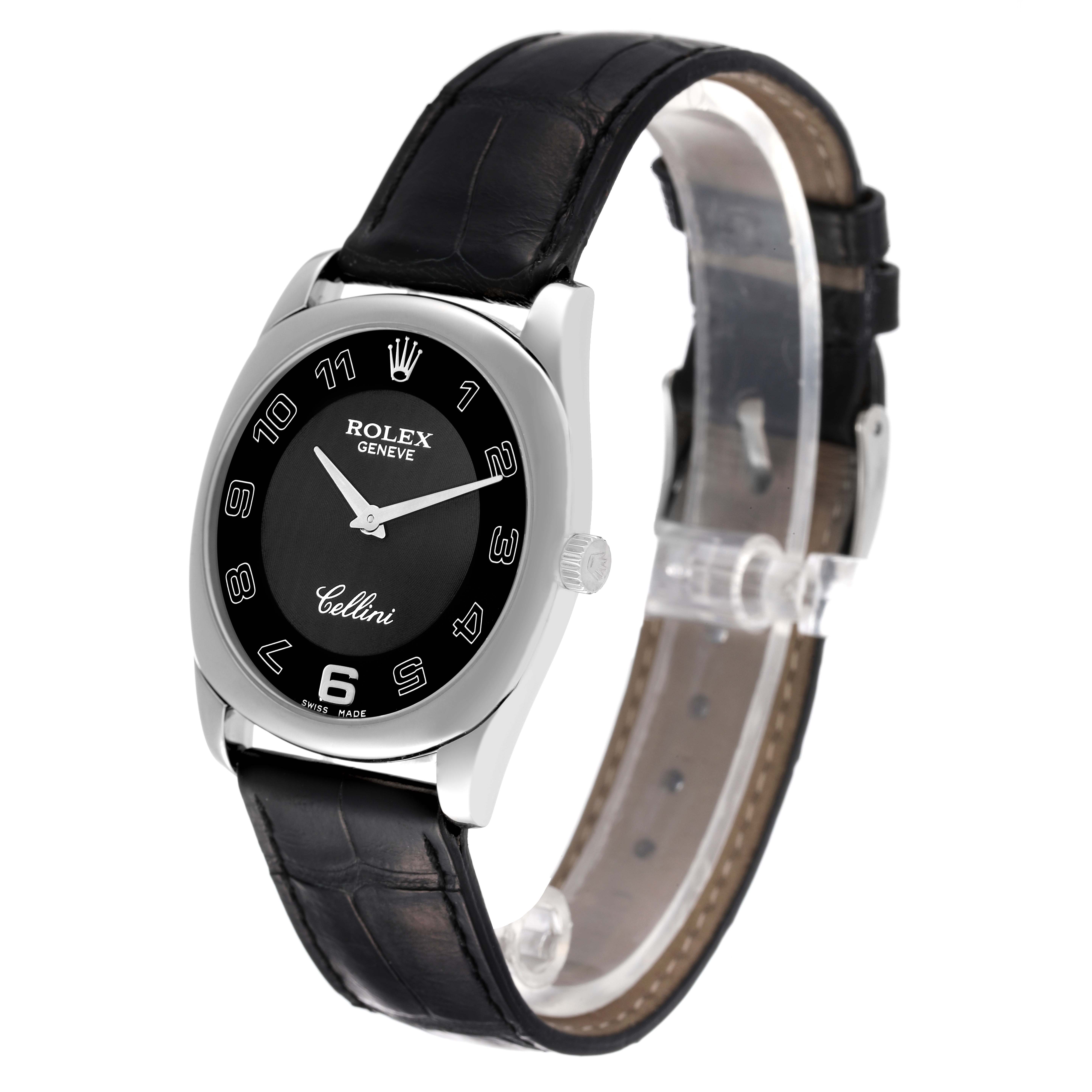 The image shows a Rolex Cellini 4233 Men
s White Gold Black Dial 4233 Men
s White Gold Black Dial watch from a front angle, highlighting its black dial, silver case, and leather strap.