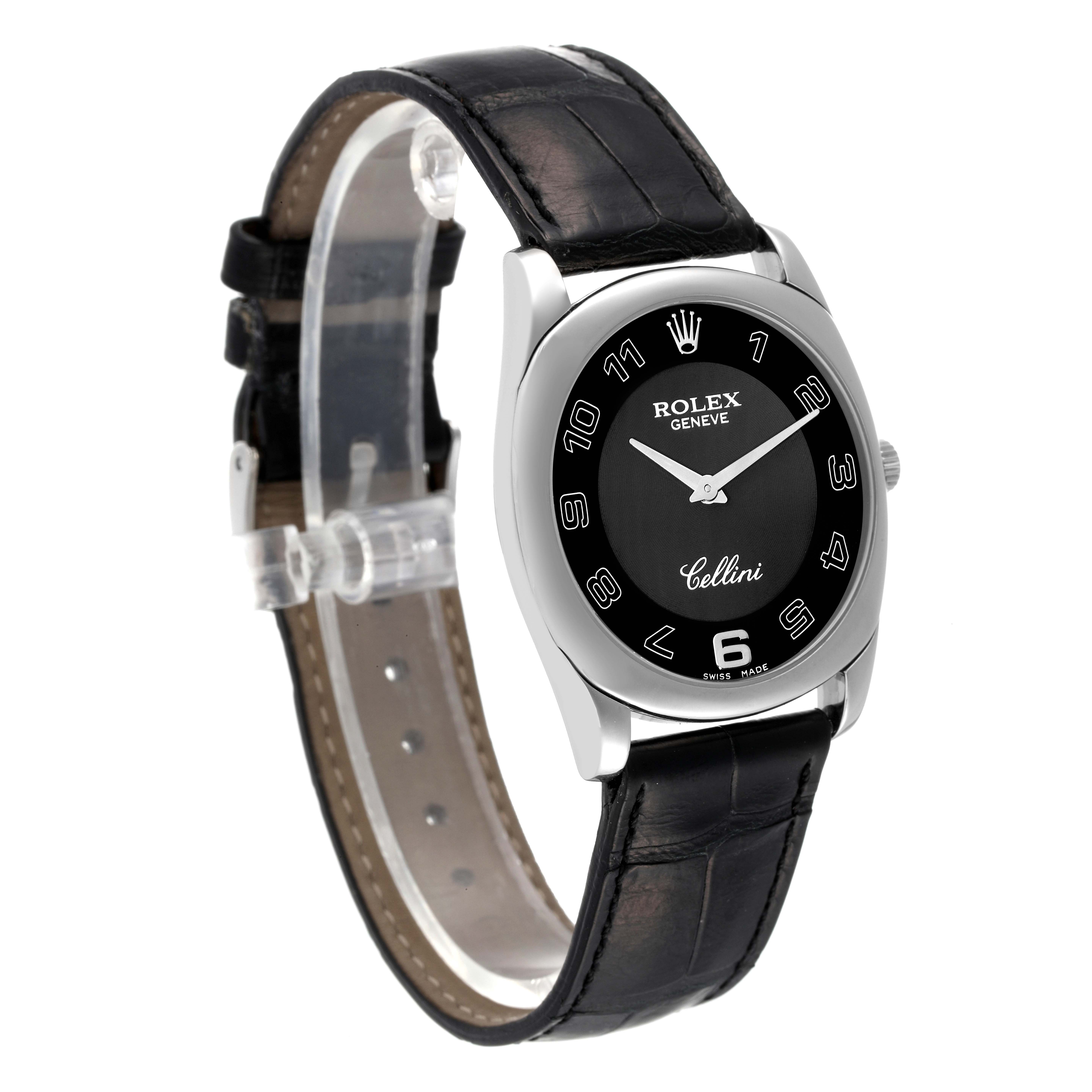 The image shows a Rolex Cellini 4233 Men
s White Gold Black Dial 4233 Men
s White Gold Black Dial watch at a three-quarter angle, highlighting its face, case, and leather strap.