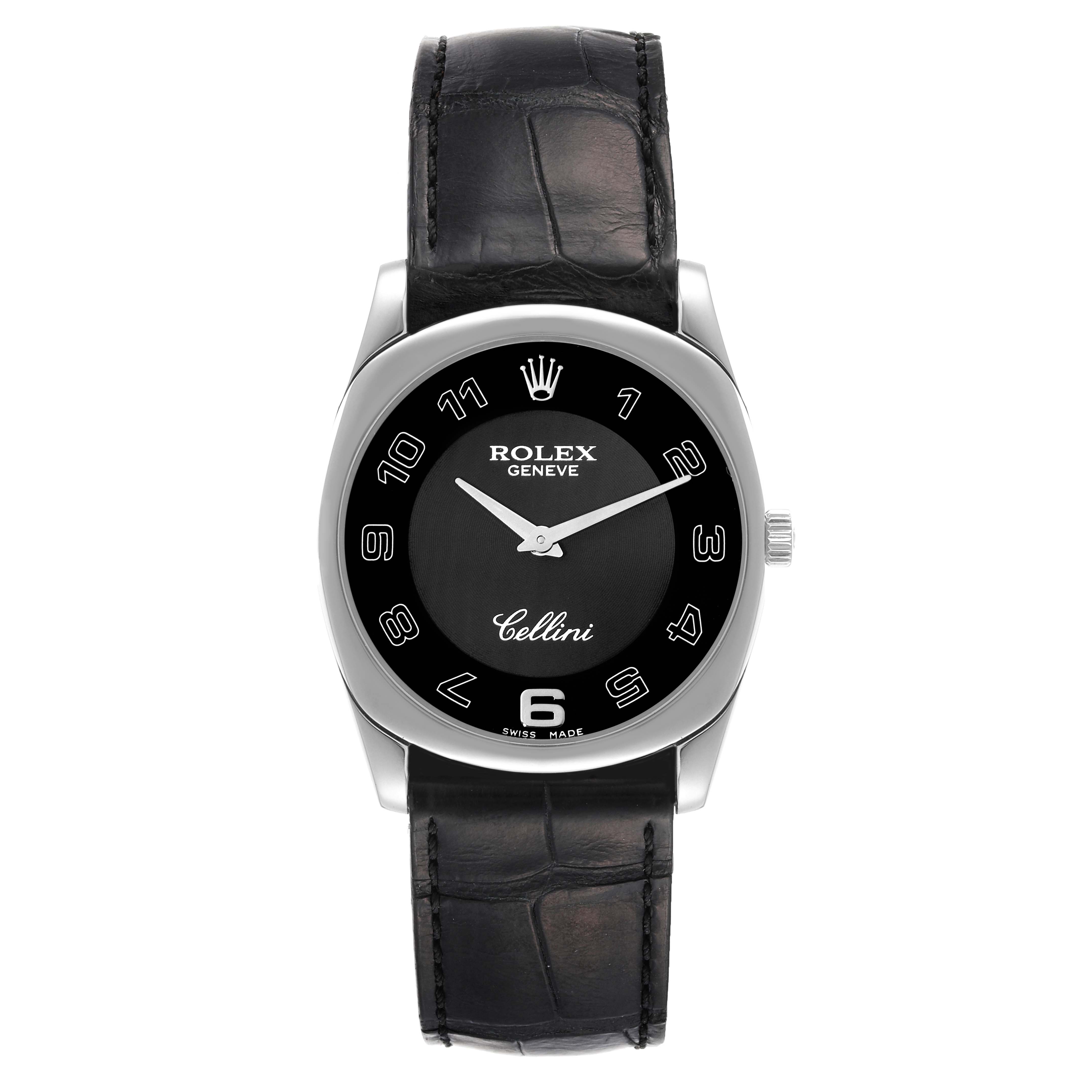 The Rolex Cellini 4233 Men
s White Gold Black Dial 4233 Men
s White Gold Black Dial watch is shown from a front angle, featuring its black dial and leather strap.