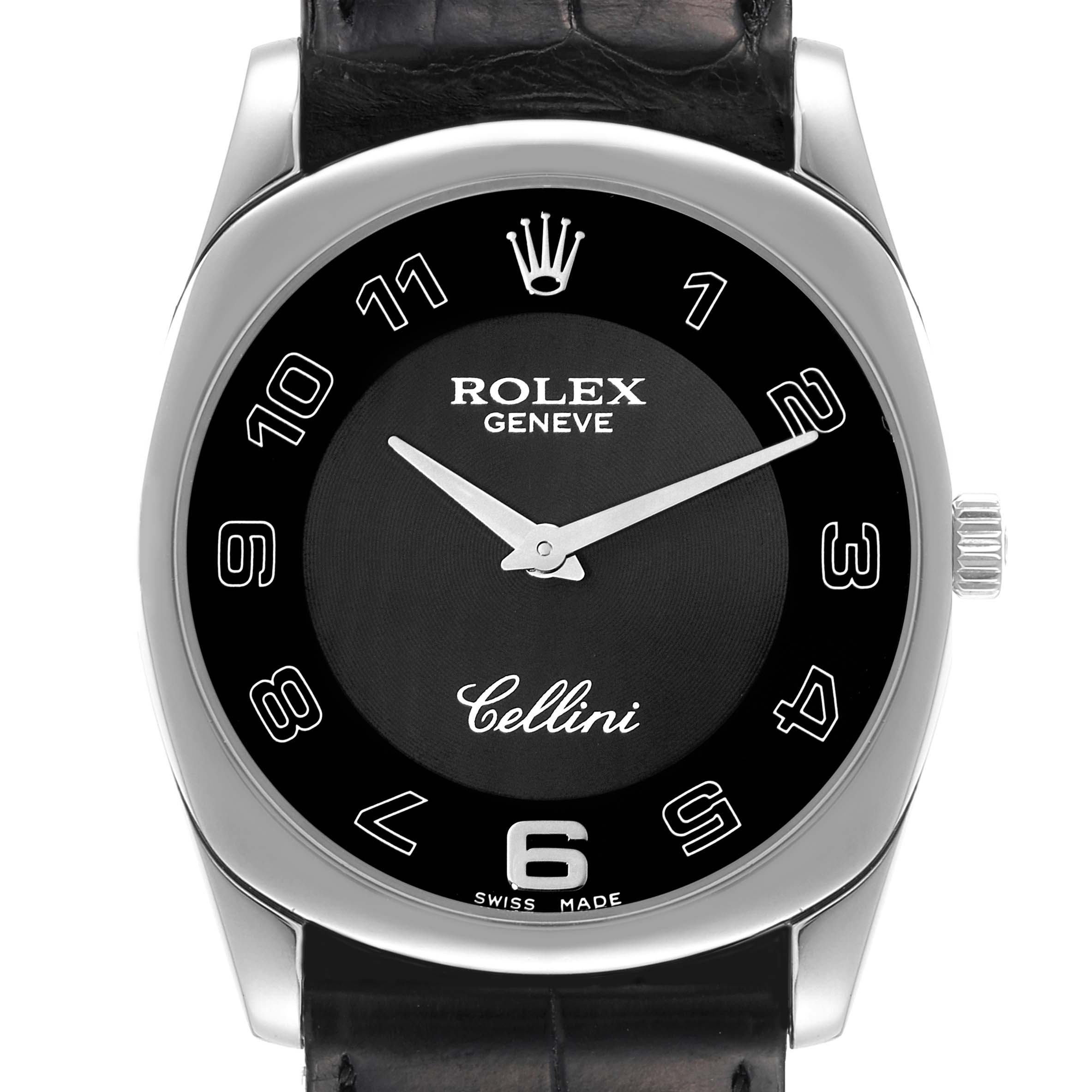 This is a front view of the Rolex Cellini 4233 Men
s White Gold Black Dial 4233 Men
s White Gold Black Dial watch, showing the dial, crown, and part of the leather strap.
