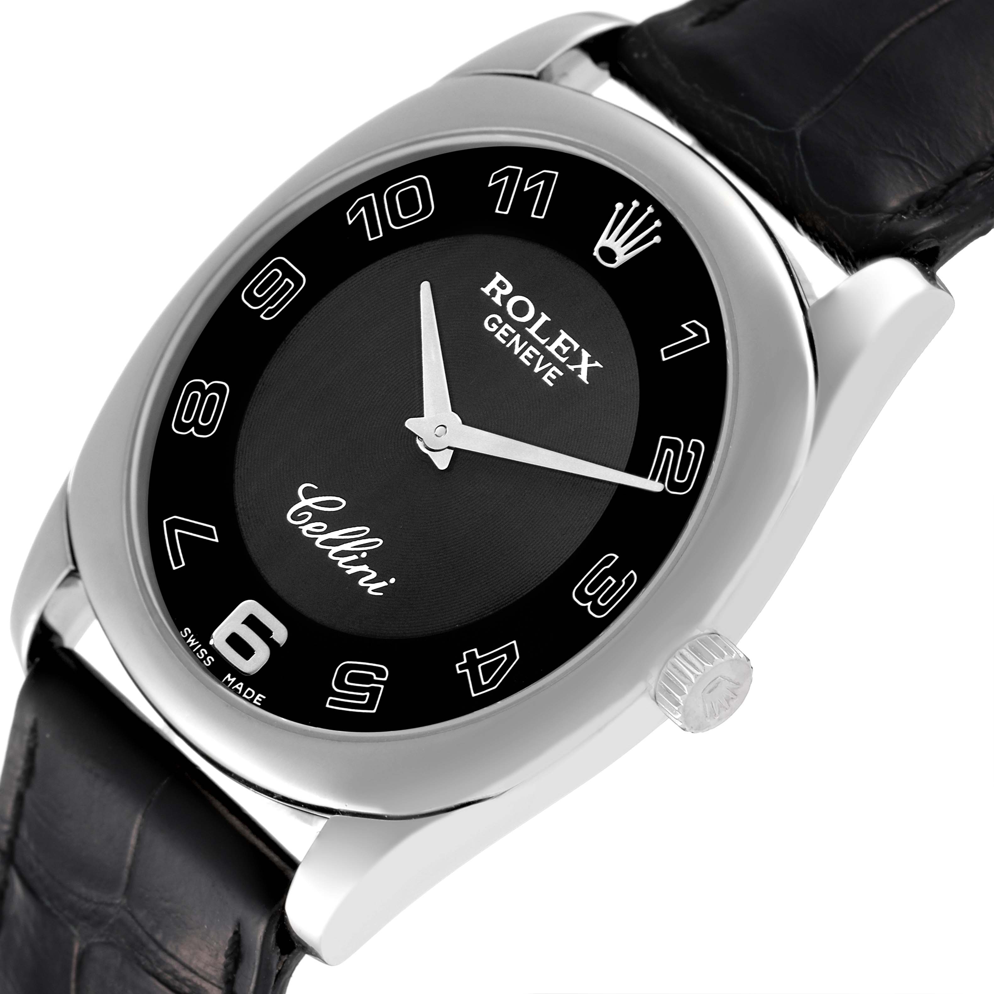 The image shows a close-up angled view of the Rolex Cellini 4233 Men
s White Gold Black Dial 4233 Men
s White Gold Black Dial watch, highlighting the dial, crown, and part of the leather strap.