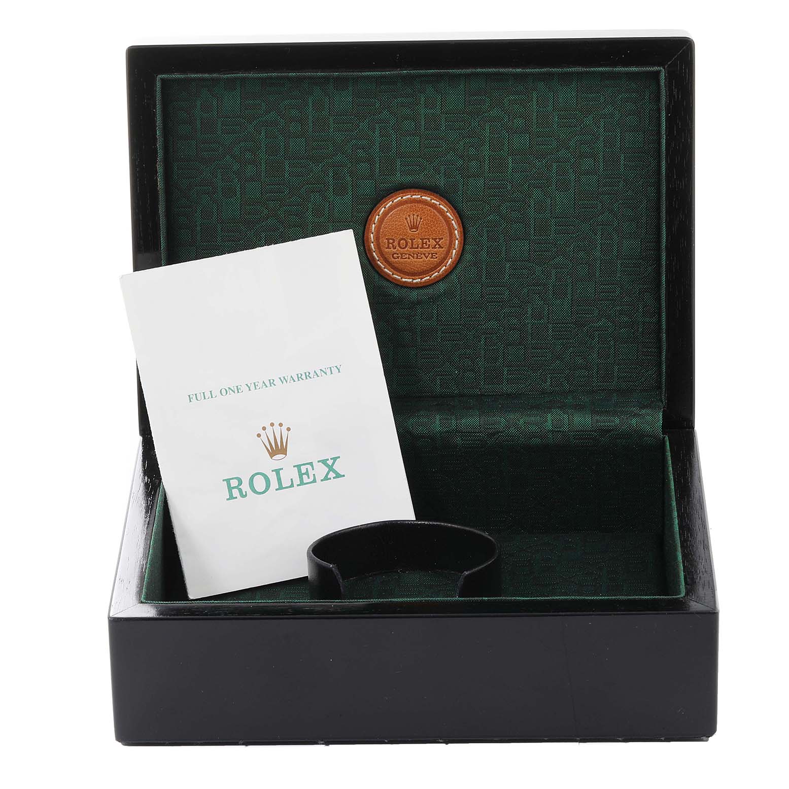 This image shows an open Rolex Cellini 4233 Men
s White Gold Black Dial 4233 Men
s White Gold Black Dial watch box with a warranty card inside.