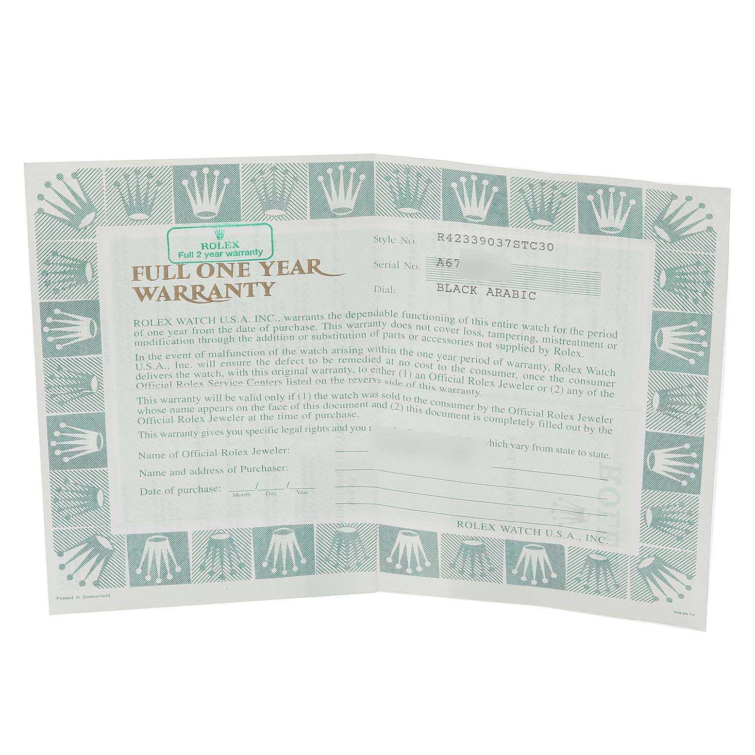 The image shows the warranty card for the Rolex Cellini 4233 Men
s White Gold Black Dial 4233 Men
s White Gold Black Dial watch, detailing its style, serial number, and warranty information.