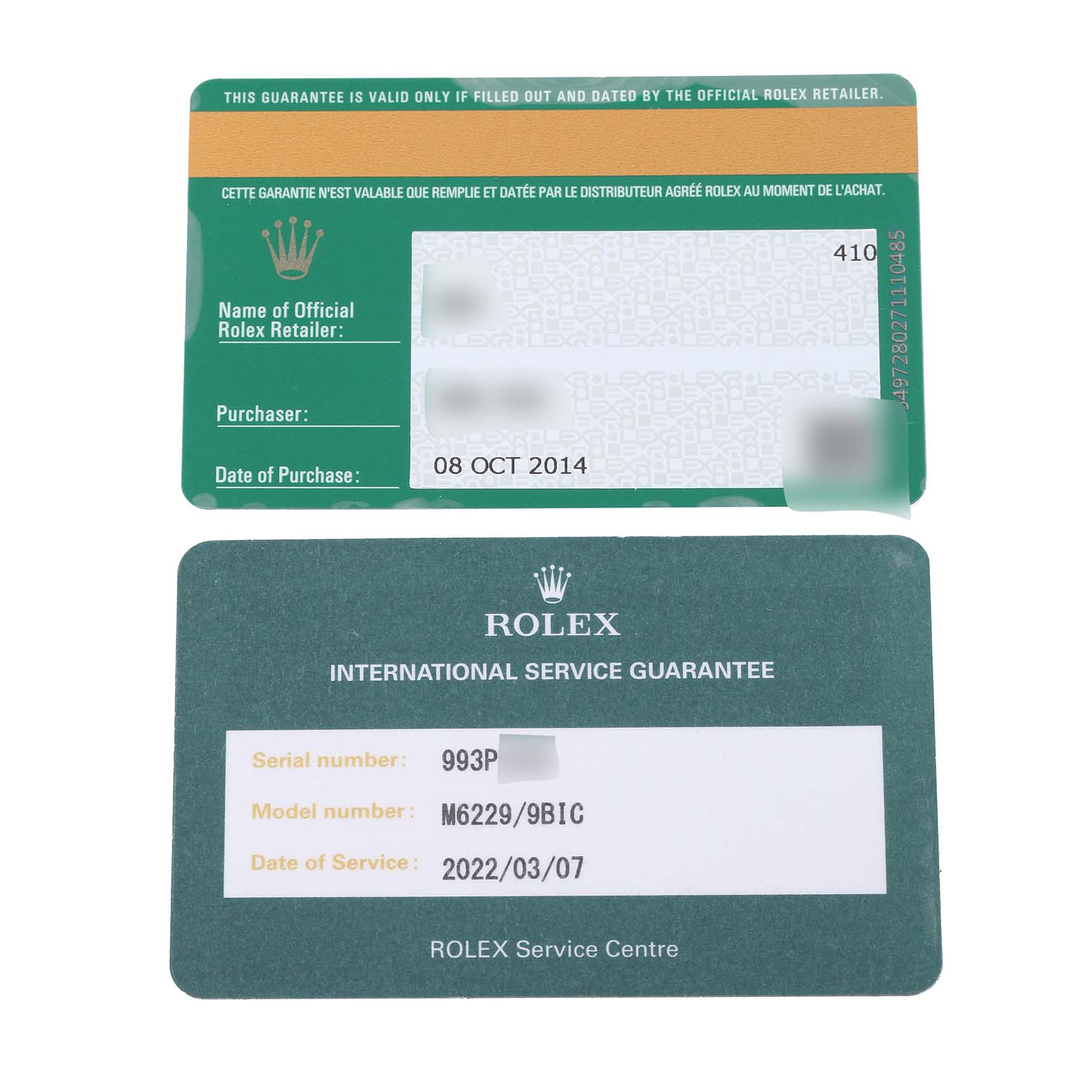 This image shows the original guarantee card and the international service guarantee card for a Rolex Cellini 6229 Women
s Steel and Gold (two tone) White Dial 6229 Women
s Steel and Gold (two tone) White Dial watch model.
