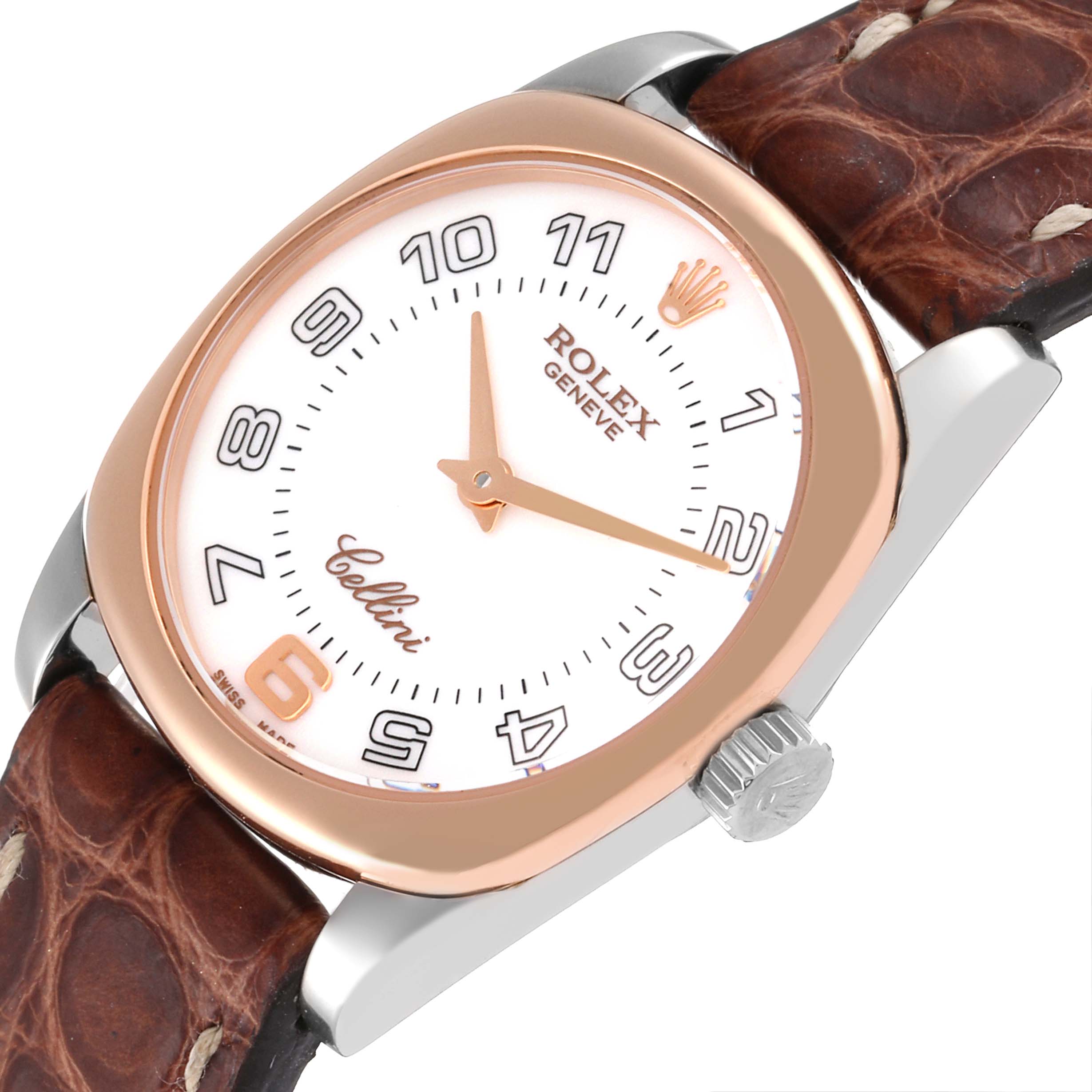 The image shows a close-up of the dial, crown, and strap of a Rolex Cellini 6229 Women
s Steel and Gold (two tone) White Dial 6229 Women
s Steel and Gold (two tone) White Dial watch.