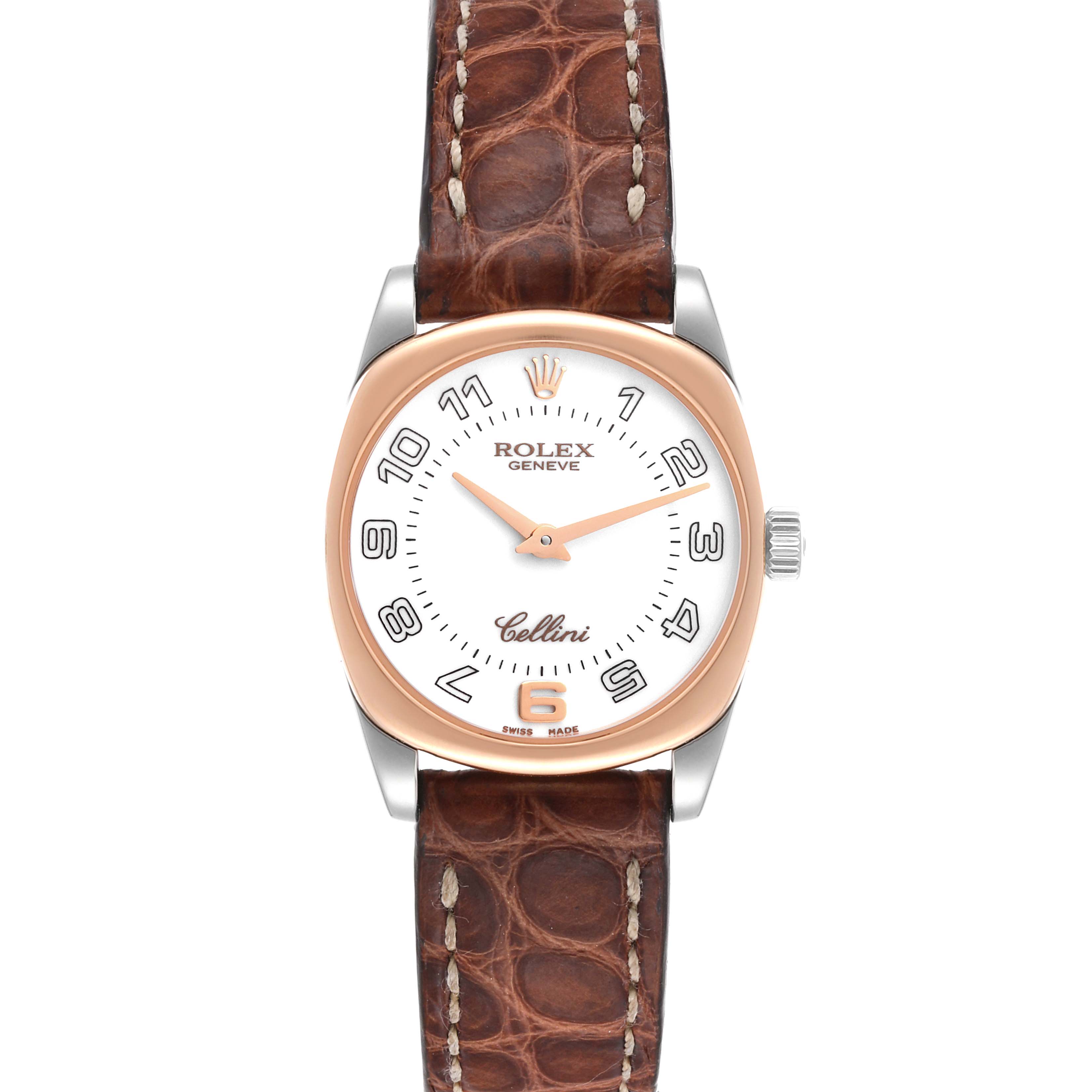 The image shows a front view of a Rolex Cellini 6229 Women
s Steel and Gold (two tone) White Dial 6229 Women
s Steel and Gold (two tone) White Dial watch with a brown leather strap and a white dial.
