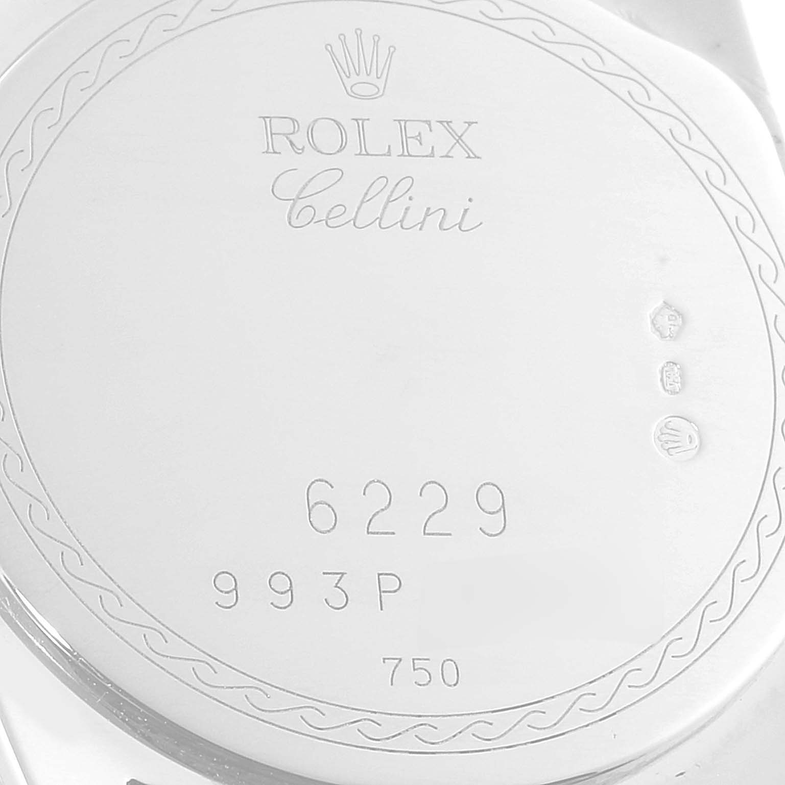 This image shows the back case of a Rolex Cellini 6229 Women
s Steel and Gold (two tone) White Dial 6229 Women
s Steel and Gold (two tone) White Dial watch, displaying branding, model number, and hallmark engravings.
