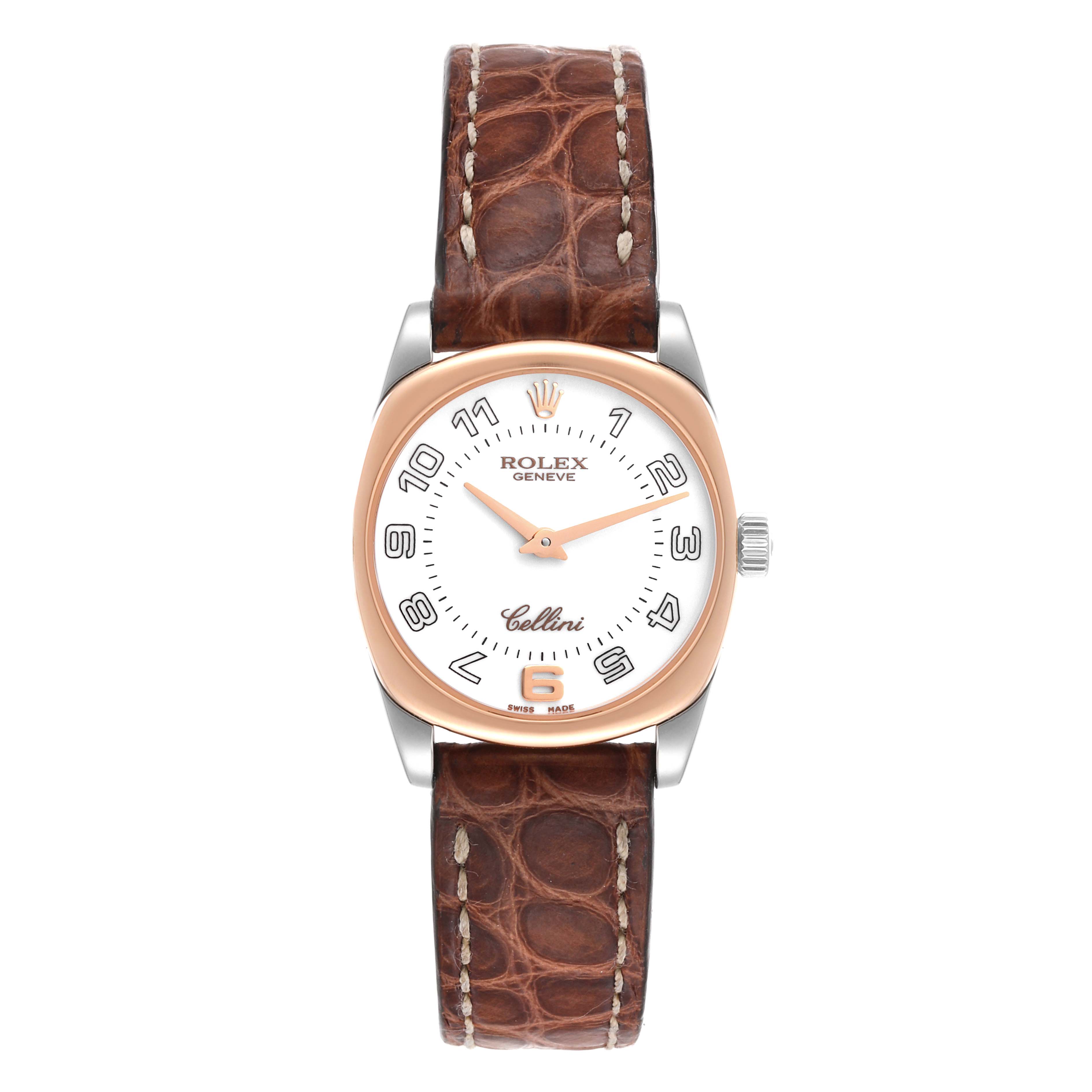 The image shows a frontal view of a Rolex Cellini 6229 Women
s Steel and Gold (two tone) White Dial 6229 Women
s Steel and Gold (two tone) White Dial watch with a brown leather strap and a white dial.