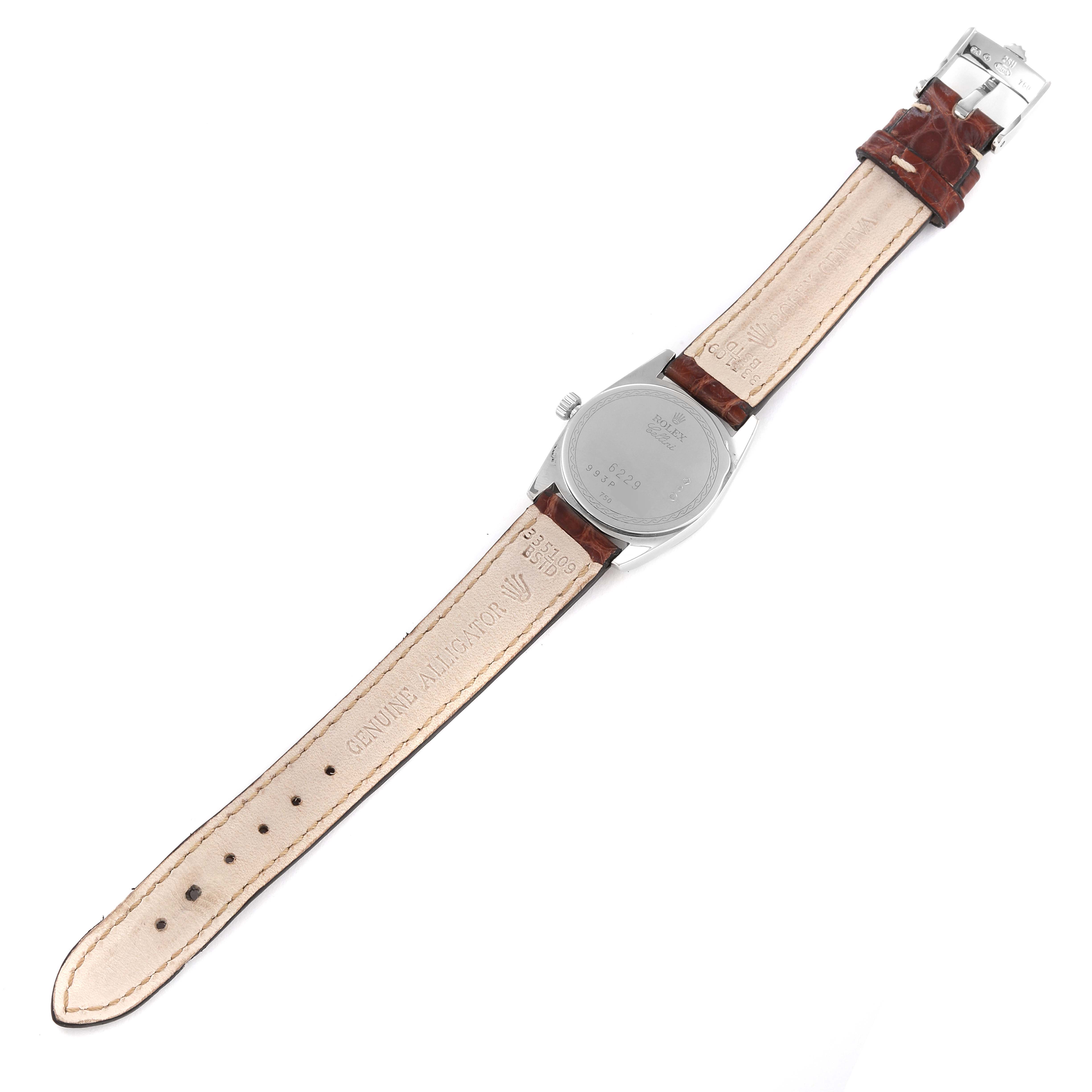 This image shows the back view of a Rolex Cellini 6229 Women
s Steel and Gold (two tone) White Dial 6229 Women
s Steel and Gold (two tone) White Dial watch, highlighting the leather strap and buckle.