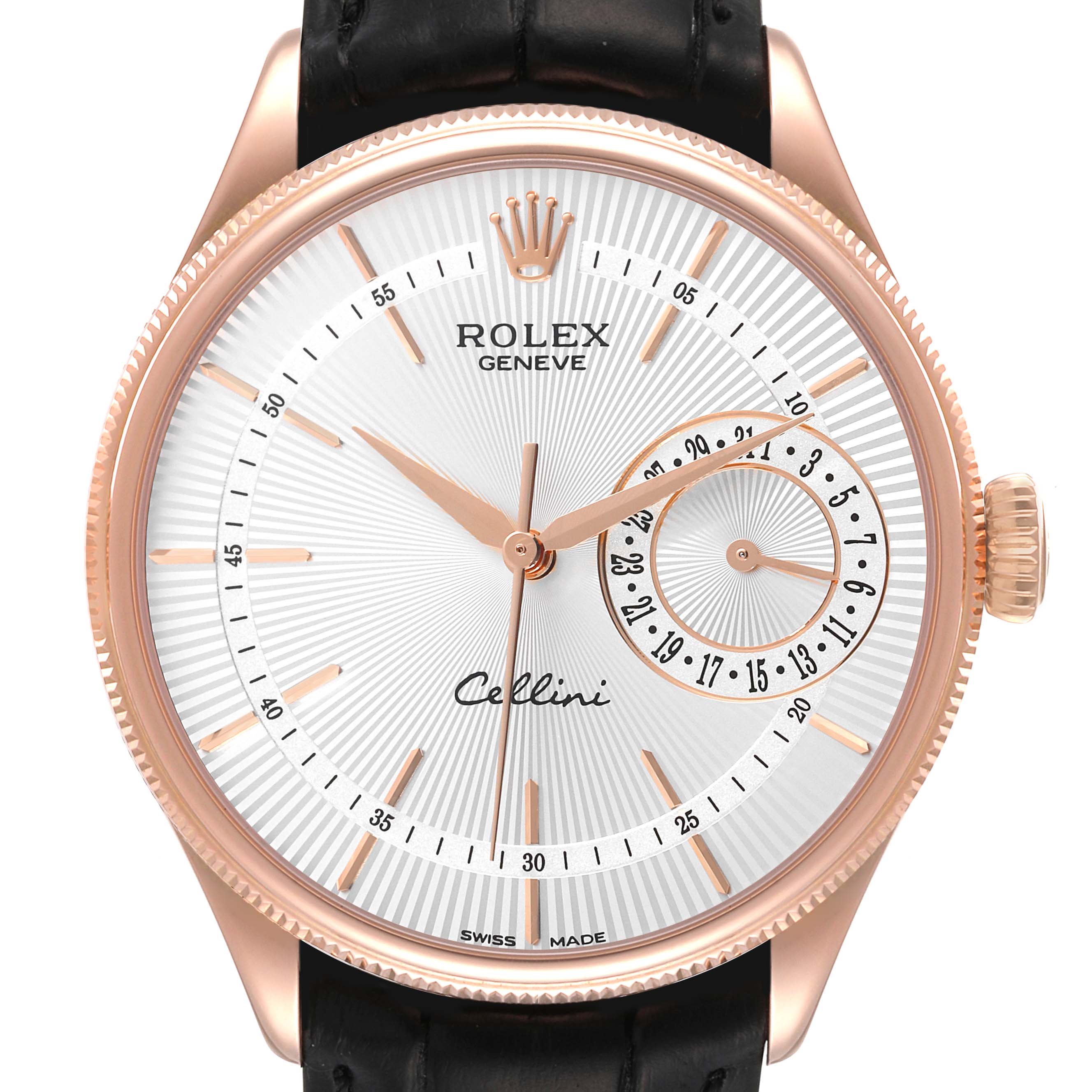 The Rolex Cellini 50515 Men
s Rose Gold Silver Dial 50515 Men
s Rose Gold Silver Dial watch is shown from a front angle, highlighting its dial, hands, crown, and straps.