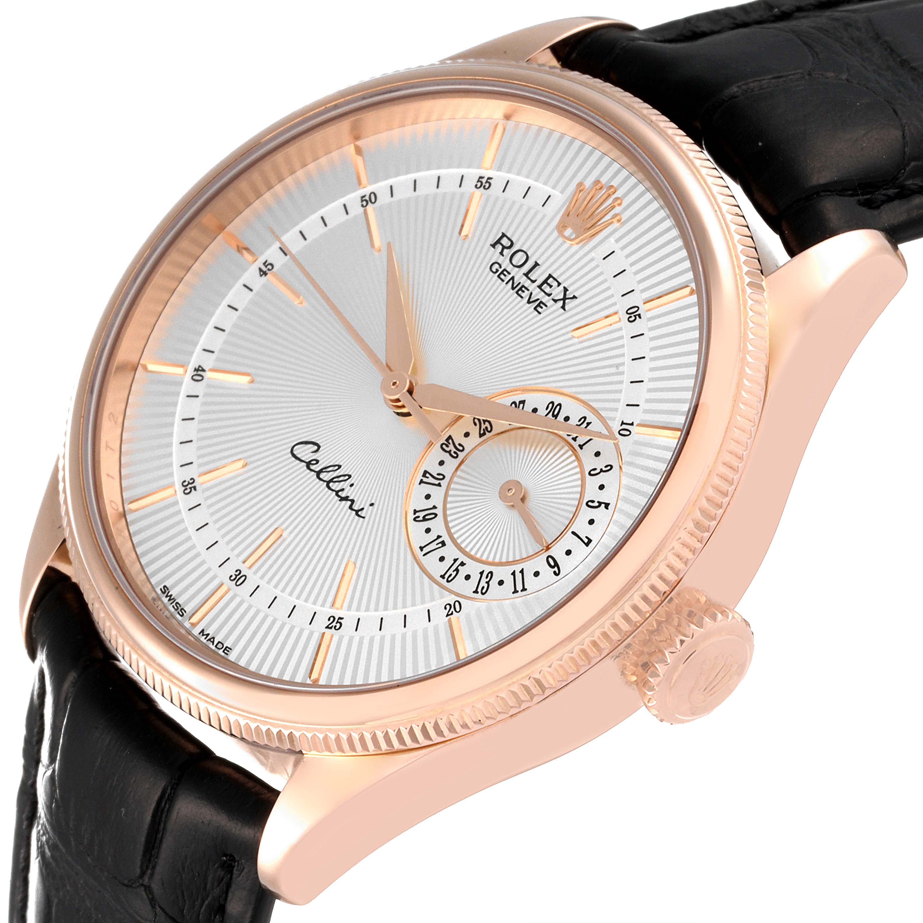 The image shows a Rolex Cellini 50515 Men
s Rose Gold Silver Dial 50515 Men
s Rose Gold Silver Dial watch at an angle highlighting the face, case, crown, and part of the leather strap.