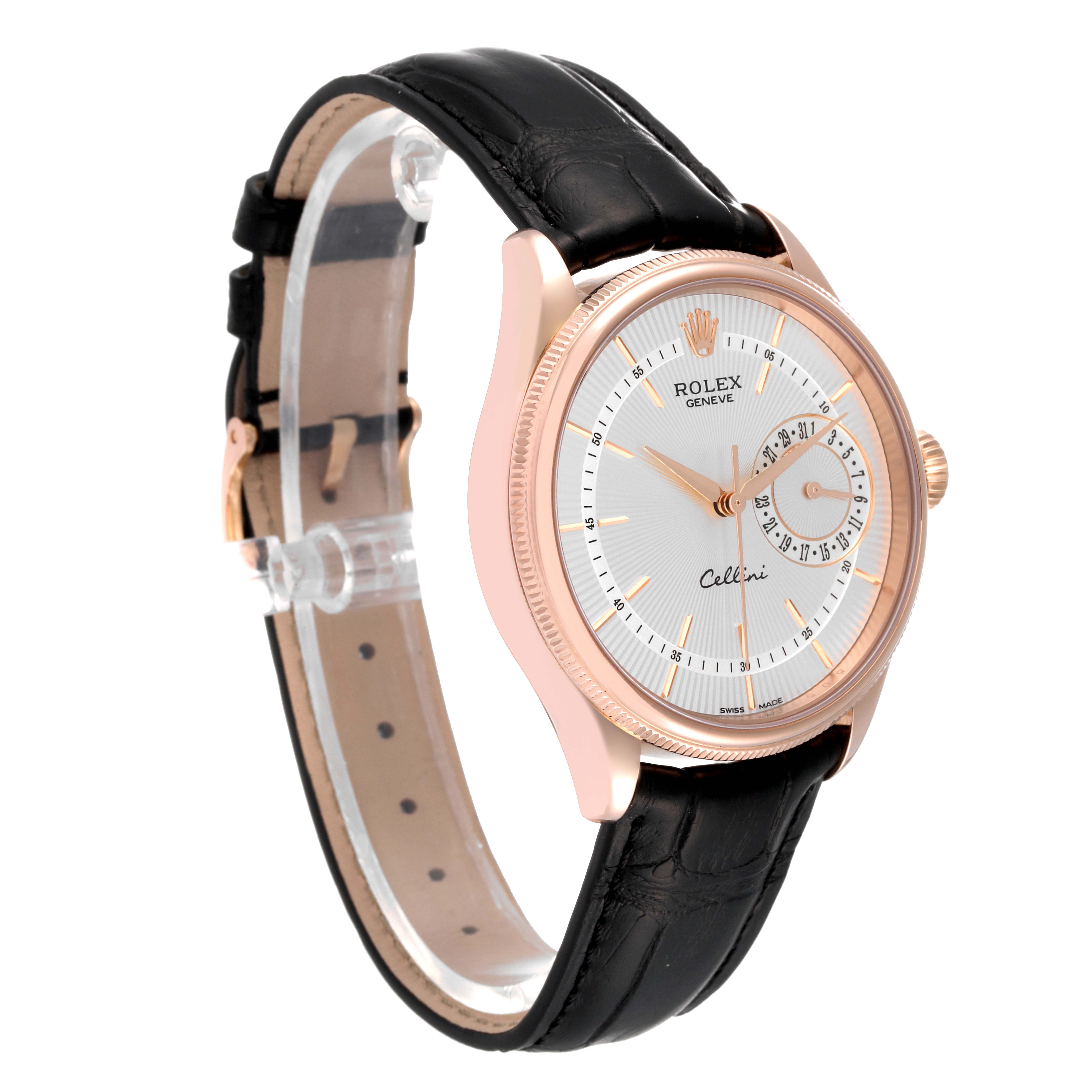 This Rolex Cellini 50515 Men
s Rose Gold Silver Dial 50515 Men
s Rose Gold Silver Dial watch is shown from a three-quarter angle, highlighting the dial, case, and leather strap.