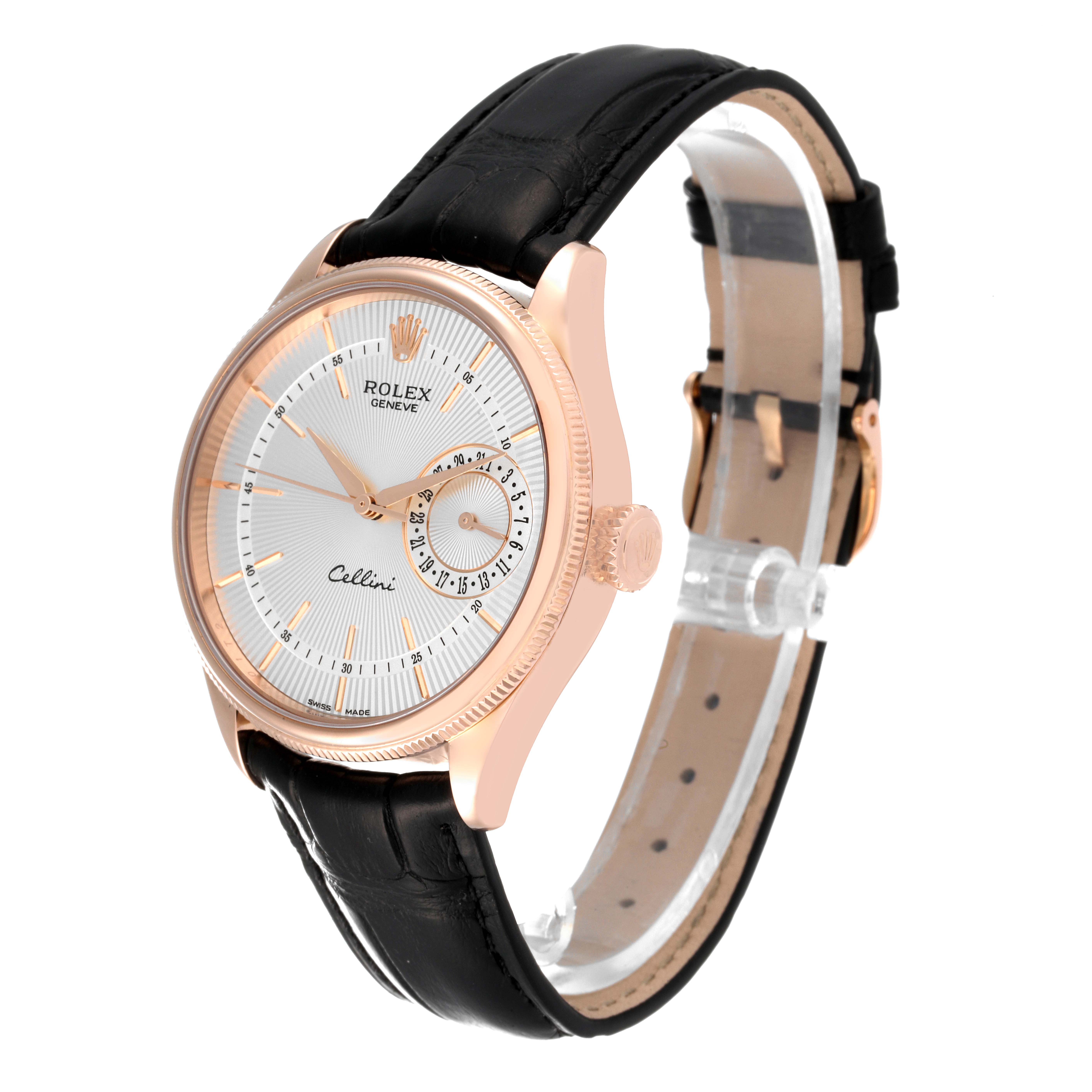 This image shows the Rolex Cellini 50515 Men
s Rose Gold Silver Dial 50515 Men
s Rose Gold Silver Dial watch from a front angle, highlighting its face, bezel, crown, and leather strap.