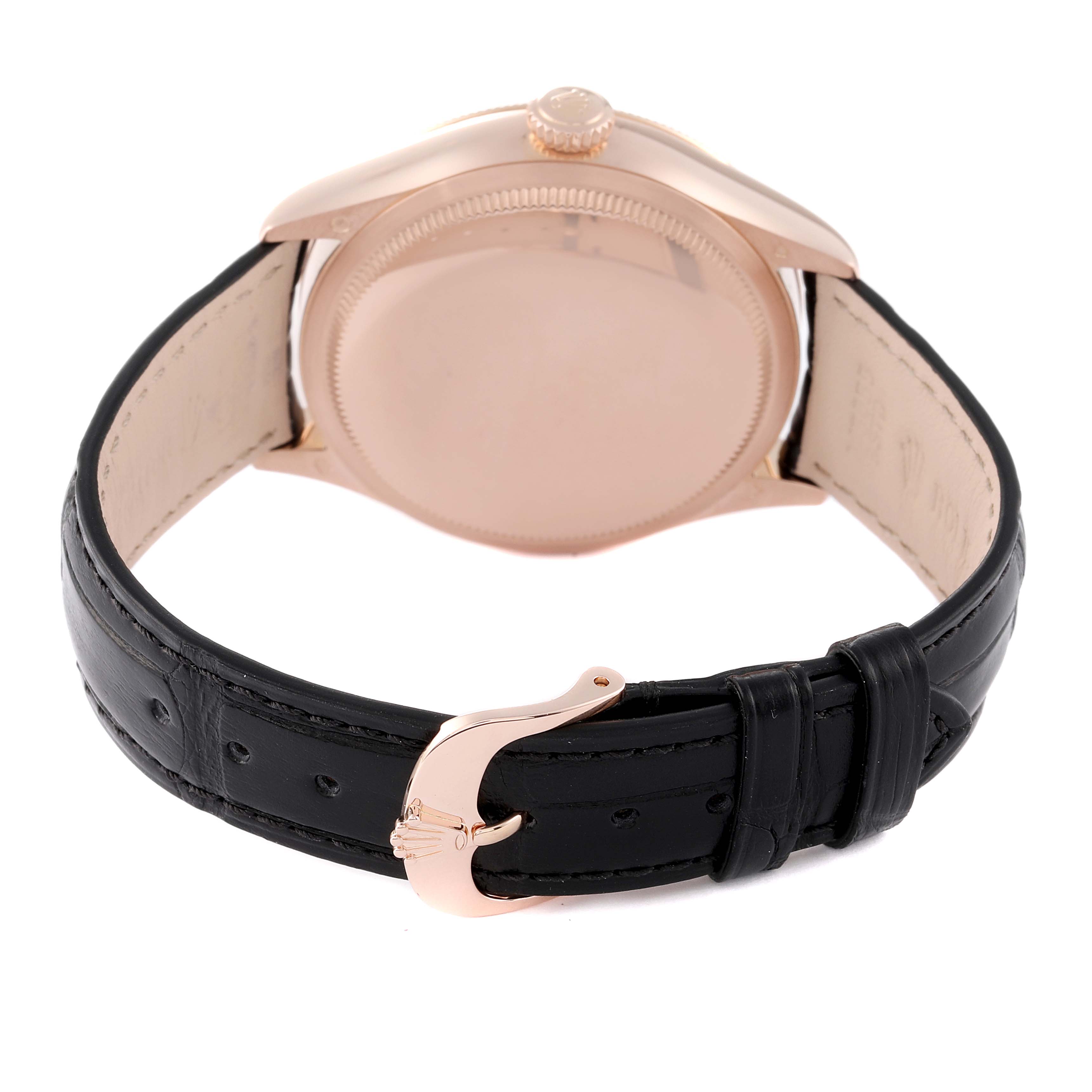 This image shows the back view of a Rolex Cellini 50515 Men
s Rose Gold Silver Dial 50515 Men
s Rose Gold Silver Dial watch, focusing on the case, crown, and black leather strap with a clasp.