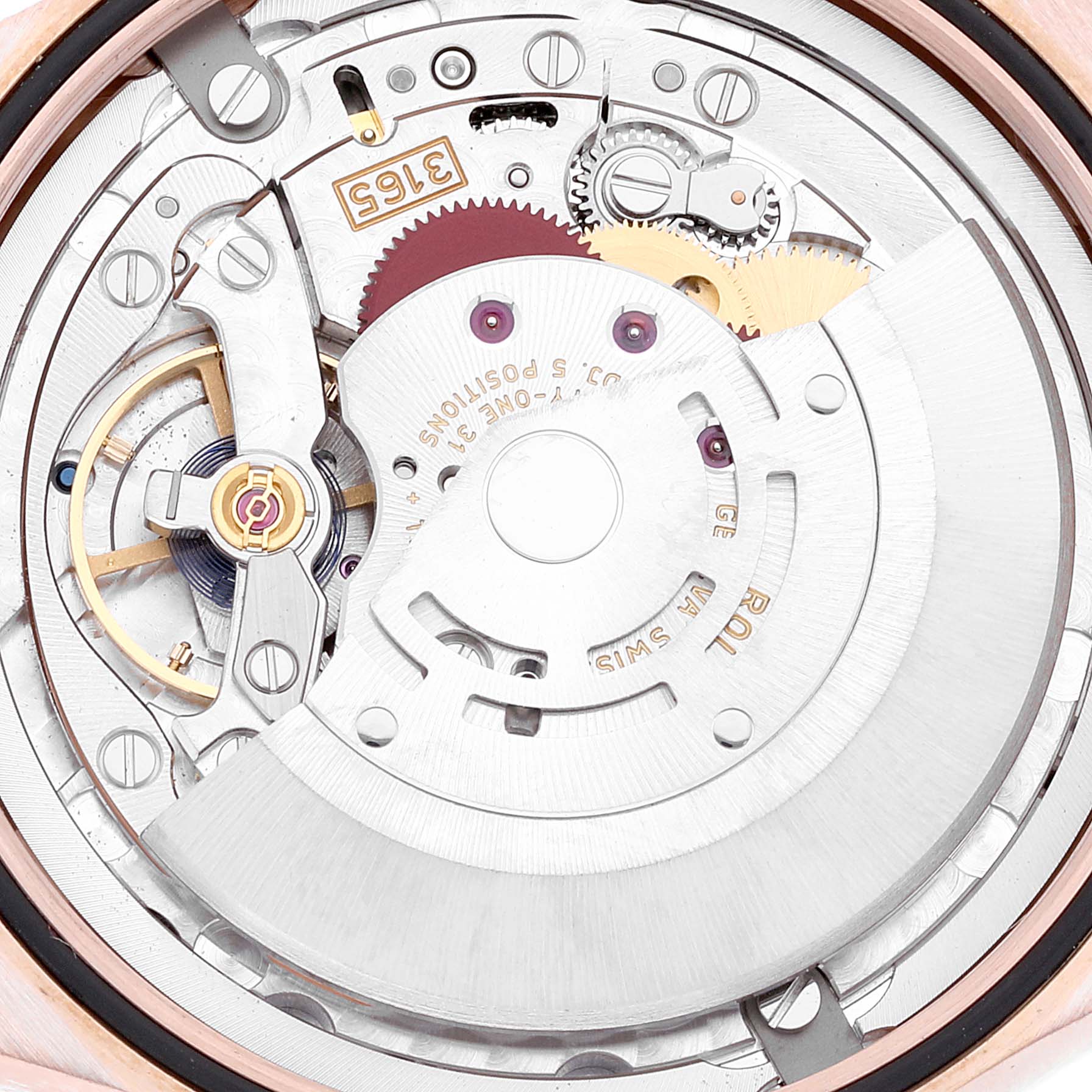This close-up image shows the intricate internal mechanism of a Rolex Cellini 50515 Men
s Rose Gold Silver Dial 50515 Men
s Rose Gold Silver Dial watch, focusing on the movement components.