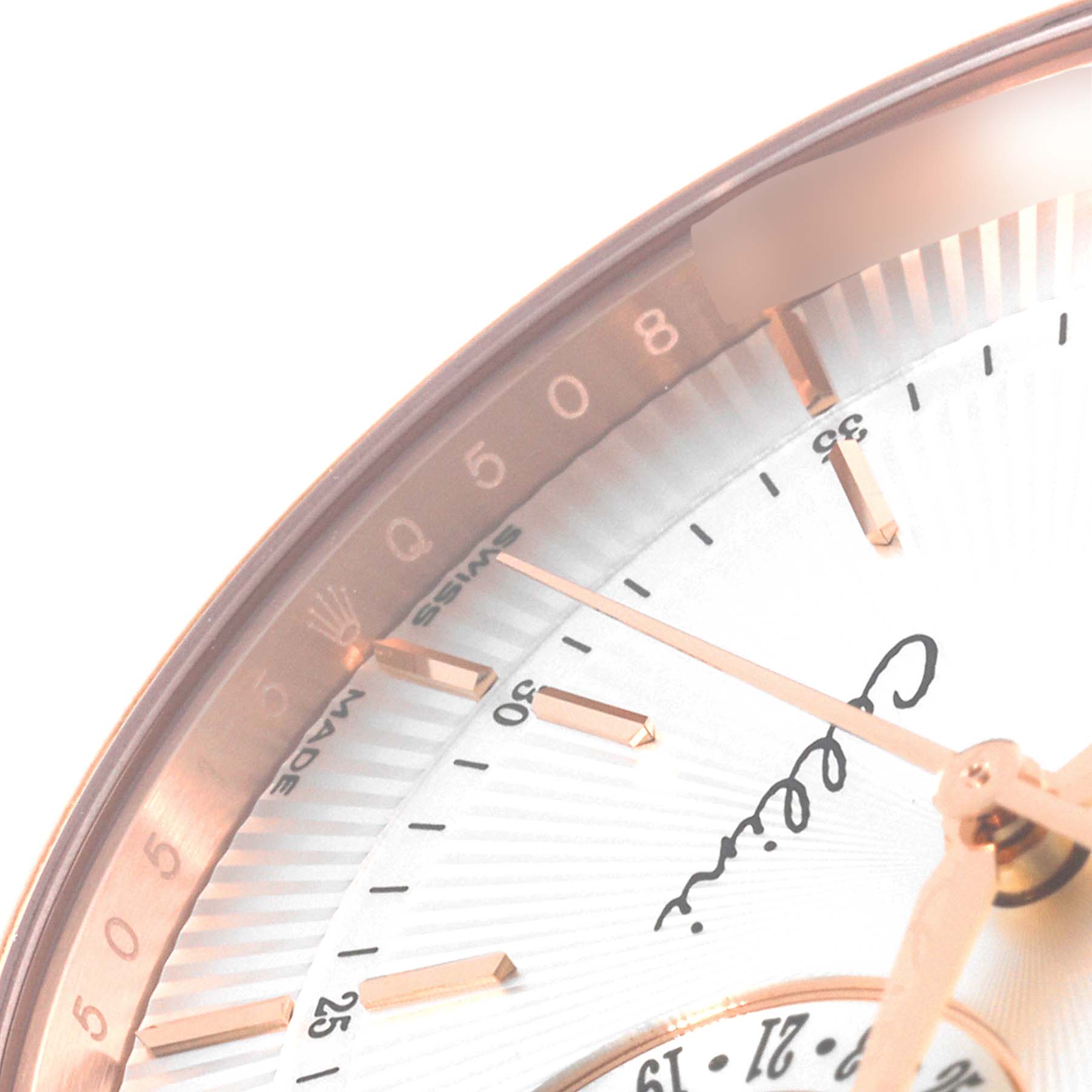 The image shows the upper right section of a Rolex Cellini 50515 Men
s Rose Gold Silver Dial 50515 Men
s Rose Gold Silver Dial watch, highlighting part of the dial, hour markers, and hands.