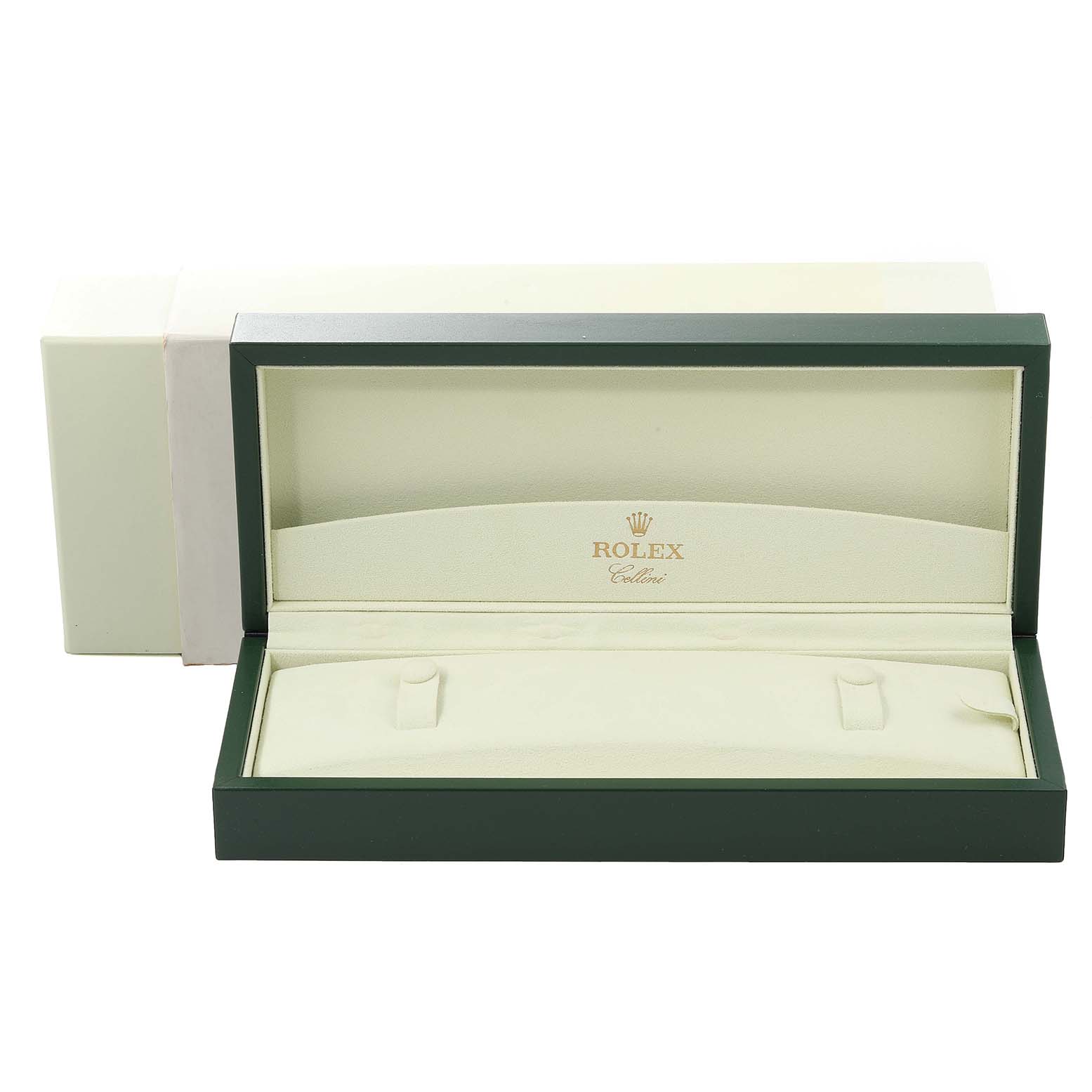 The image shows an open green and cream watch box for the Rolex Cellini 50515 Men
s Rose Gold Silver Dial 50515 Men
s Rose Gold Silver Dial model, positioned at a frontal angle.