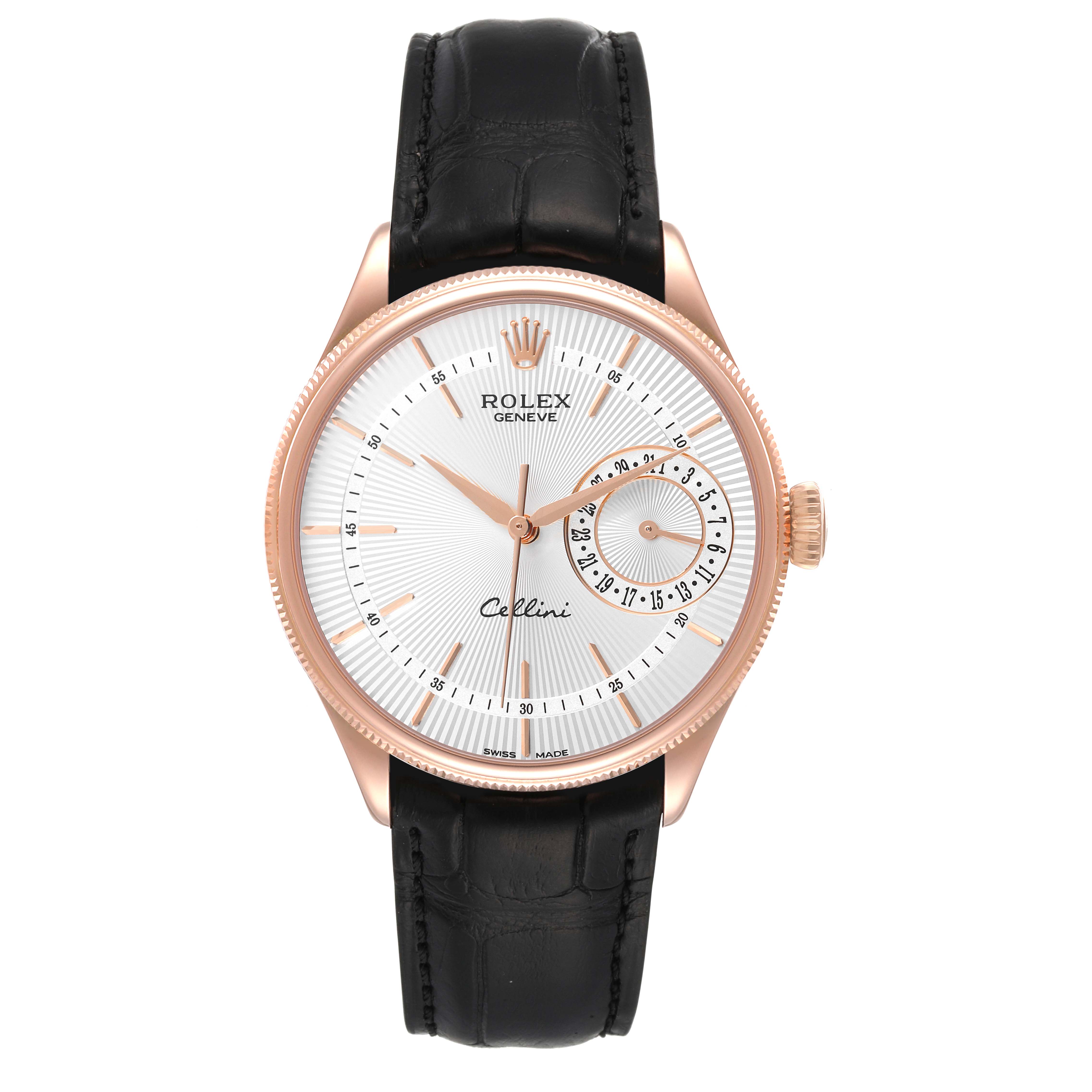 The image shows a front view of the Rolex Cellini 50515 Men
s Rose Gold Silver Dial 50515 Men
s Rose Gold Silver Dial watch, highlighting its dial, hands, crown, and black leather strap.