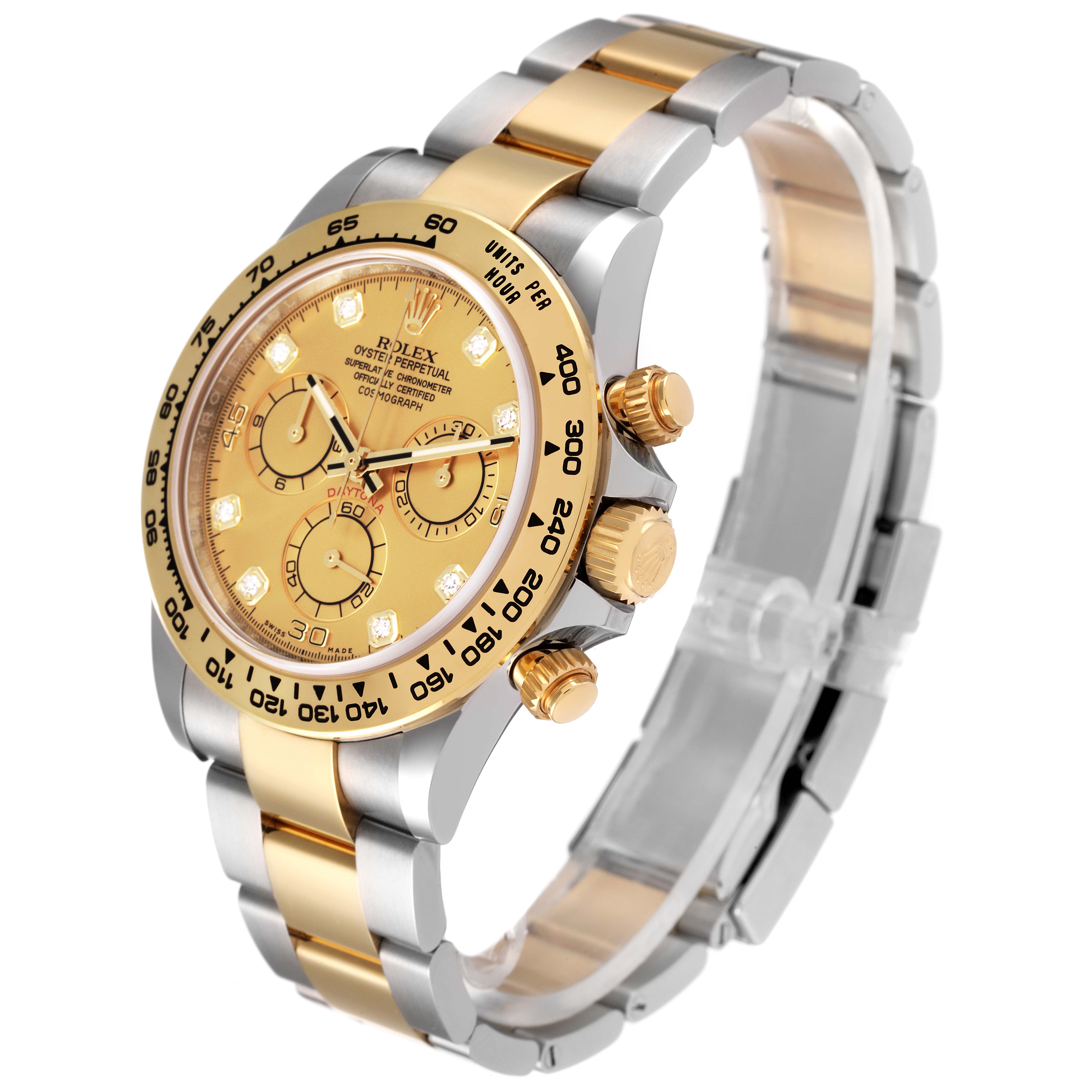 The image shows a Rolex Daytona 116503 Men's Steel and Gold (two tone) Champagne Dial 116503 Men's Steel and Gold (two tone) Champagne Dial watch at a slight upward angle, highlighting its bezel, dial, crown, pushers, and bracelet.
