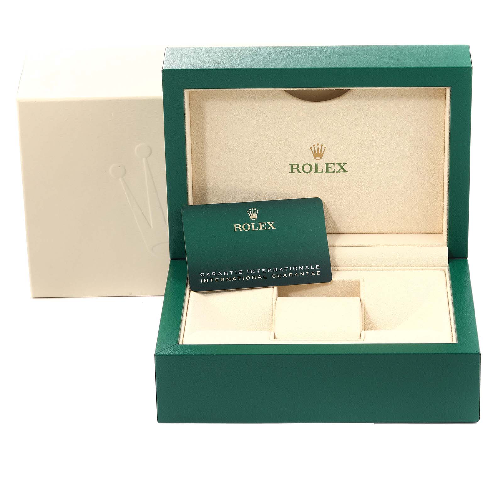 This image shows the open box and international guarantee card for a Rolex Daytona 116503 Men's Steel and Gold (two tone) Champagne Dial 116503 Men's Steel and Gold (two tone) Champagne Dial watch.