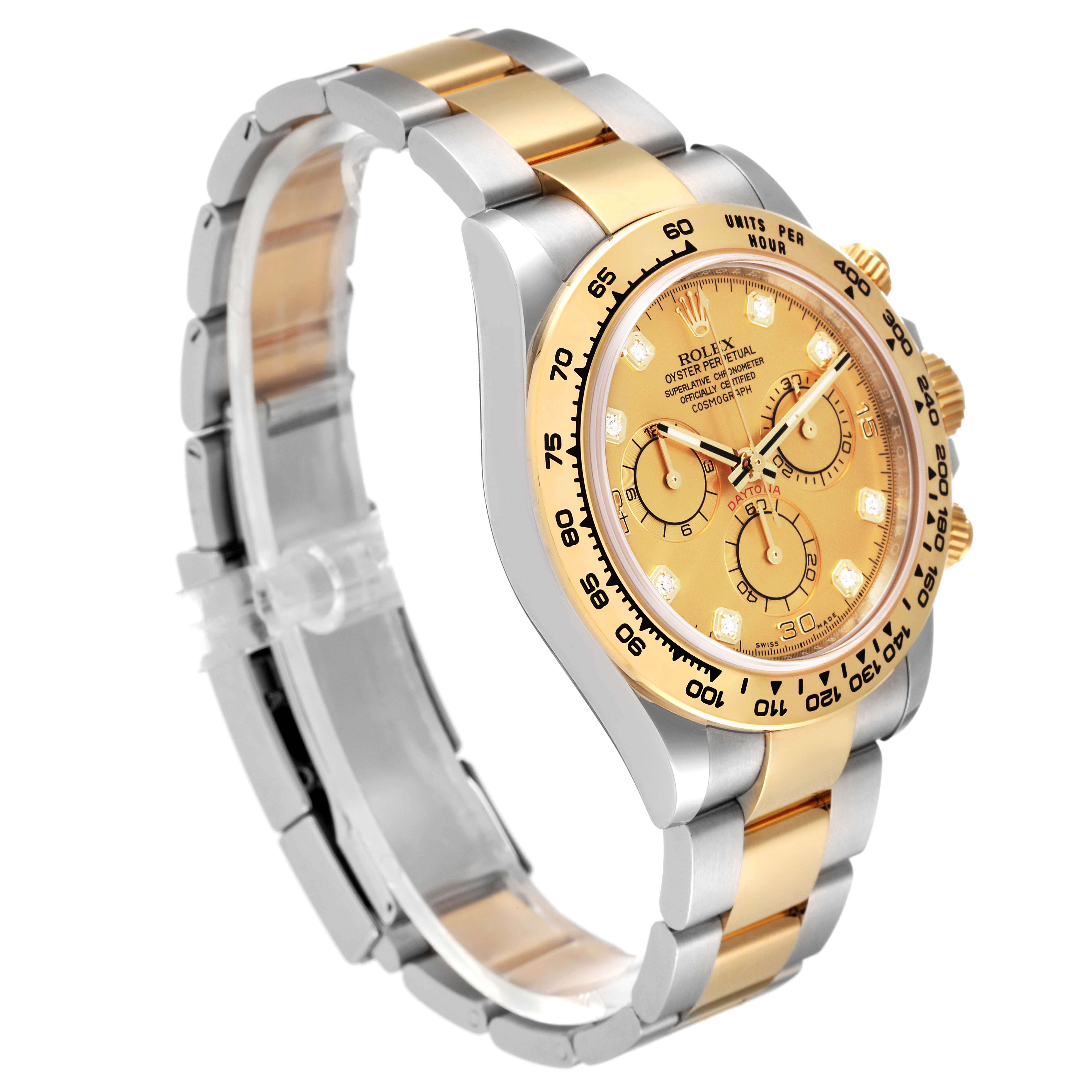 The Rolex Daytona 116503 Men's Steel and Gold (two tone) Champagne Dial 116503 Men's Steel and Gold (two tone) Champagne Dial watch is shown at a three-quarter angle, highlighting its gold dial, bezel, and two-tone bracelet.