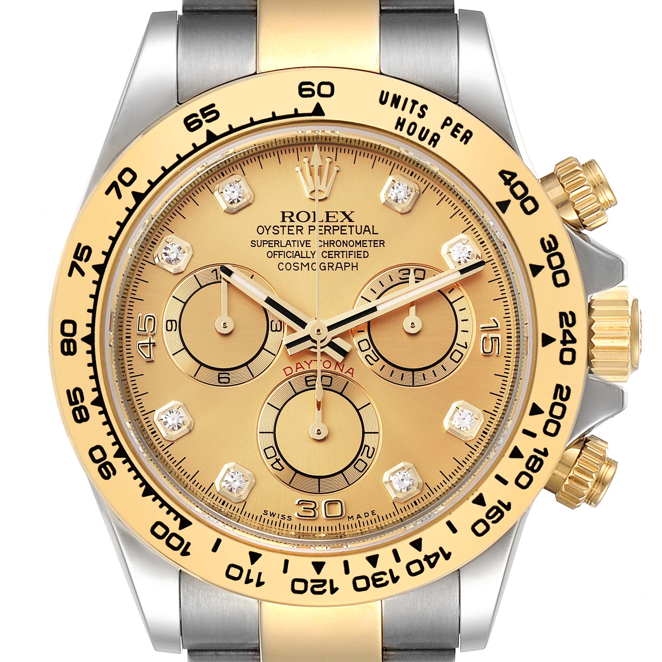 This image shows a close-up front view of the Rolex Daytona 116503 Men's Steel and Gold (two tone) Champagne Dial 116503 Men's Steel and Gold (two tone) Champagne Dial watch, highlighting its dial, subdials, bezel, and crown.