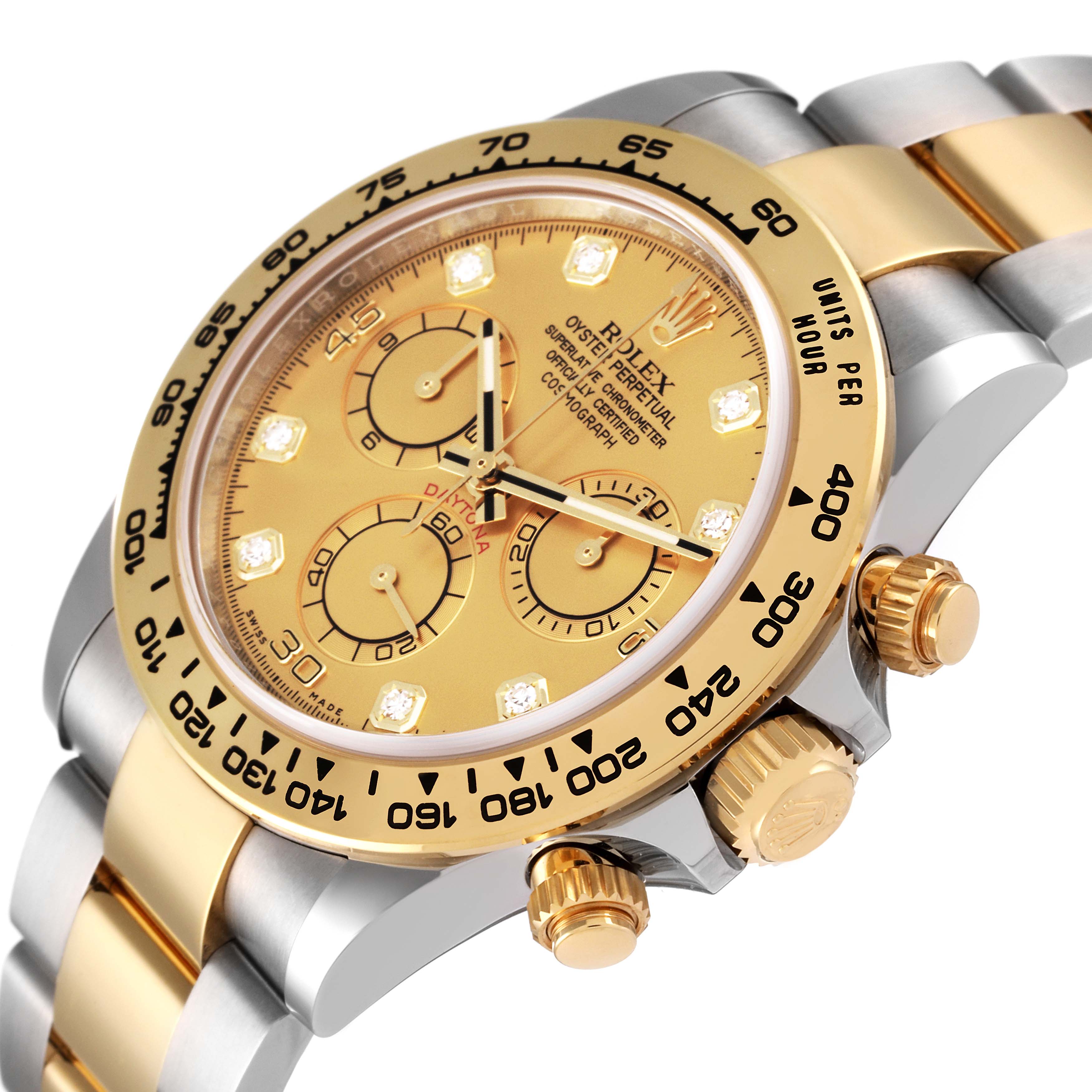 The image shows a close-up view of the Rolex Daytona 116503 Men's Steel and Gold (two tone) Champagne Dial 116503 Men's Steel and Gold (two tone) Champagne Dial model with its gold and silver case, bezel, crown, and chronograph sub-dials.