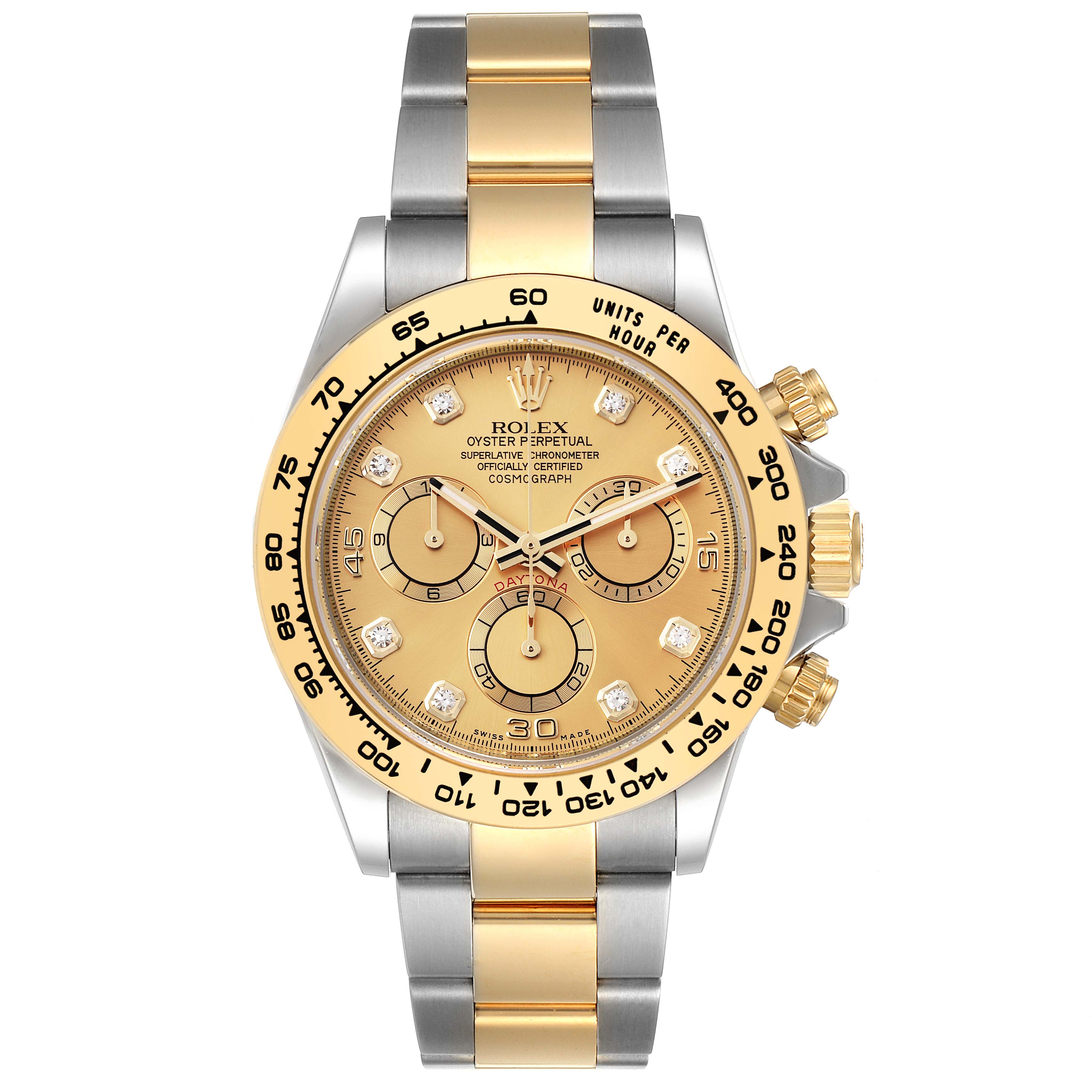 This image shows a front view of a Rolex Daytona 116503 Men's Steel and Gold (two tone) Champagne Dial 116503 Men's Steel and Gold (two tone) Champagne Dial watch with a gold and silver band and three subdials on the face.