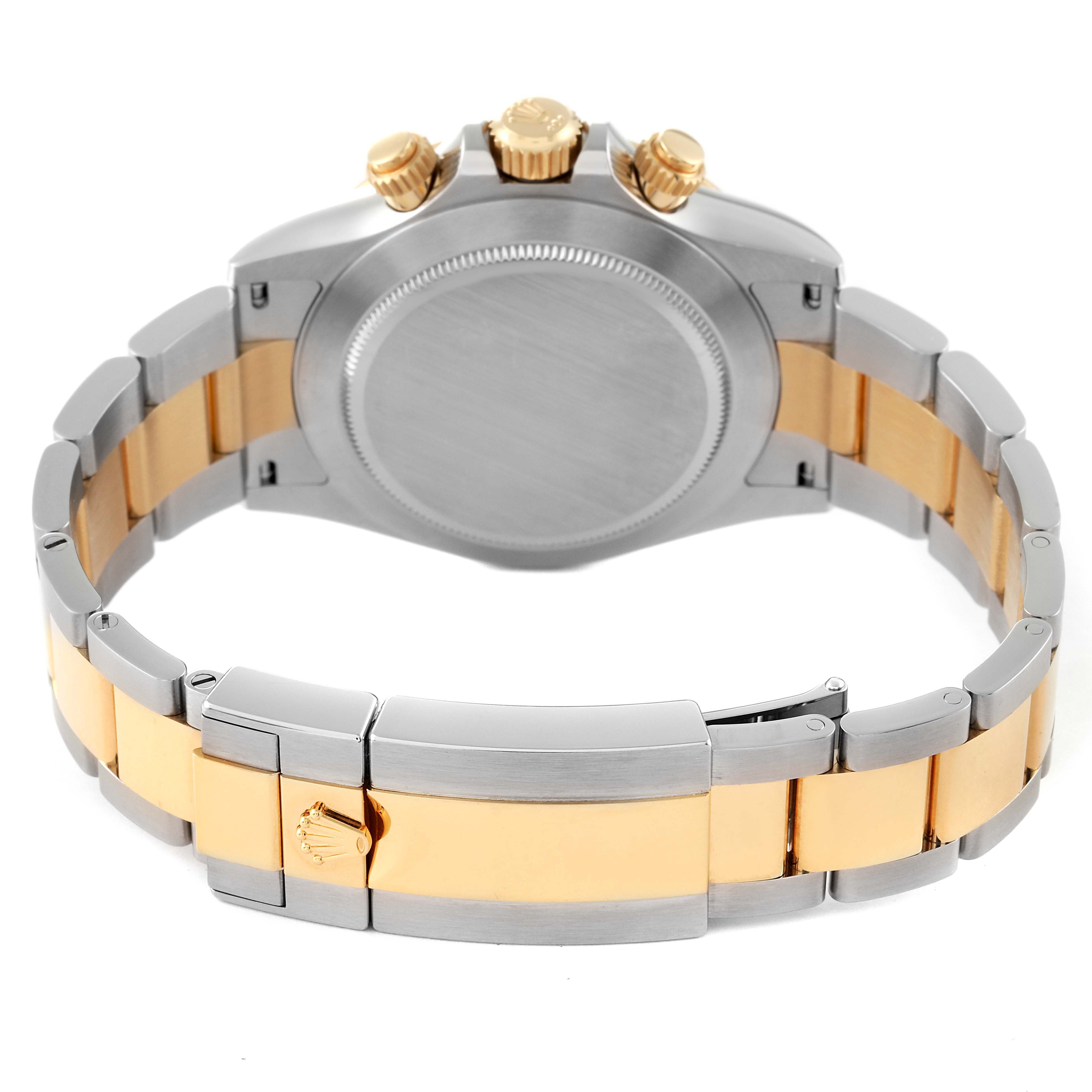 This image shows the back, clasp, and bracelet of a Rolex Daytona 116503 Men's Steel and Gold (two tone) Champagne Dial 116503 Men's Steel and Gold (two tone) Champagne Dial watch, highlighting its two-tone metal design.