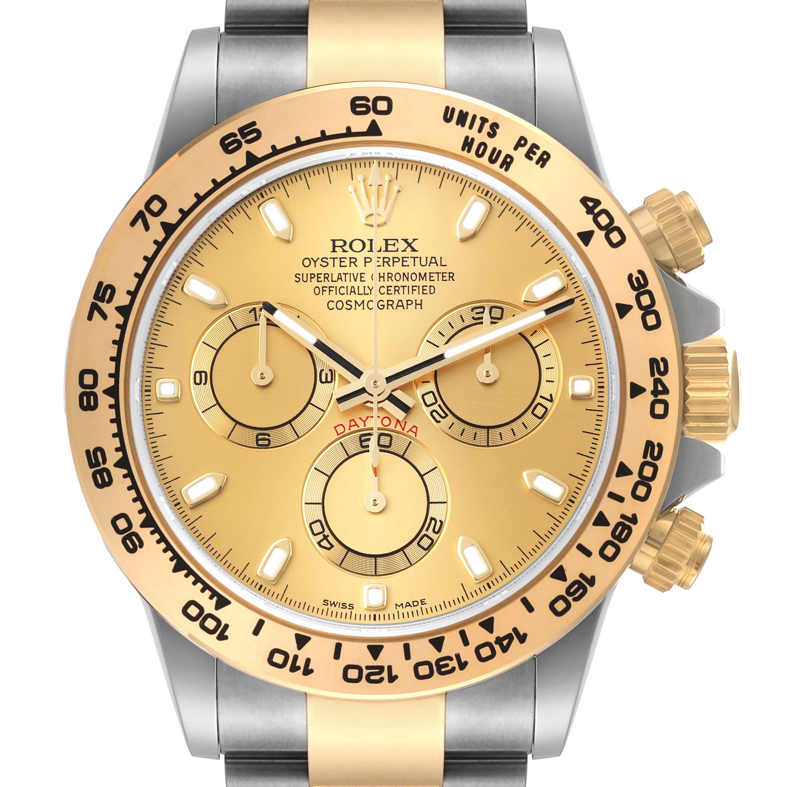 This Rolex Daytona 116503 Men's Steel and Gold (two tone) Champagne Dial 116503 Men's Steel and Gold (two tone) Champagne Dial watch is shown from a front angle, displaying its dials, bezel, crown, and part of the bracelet.