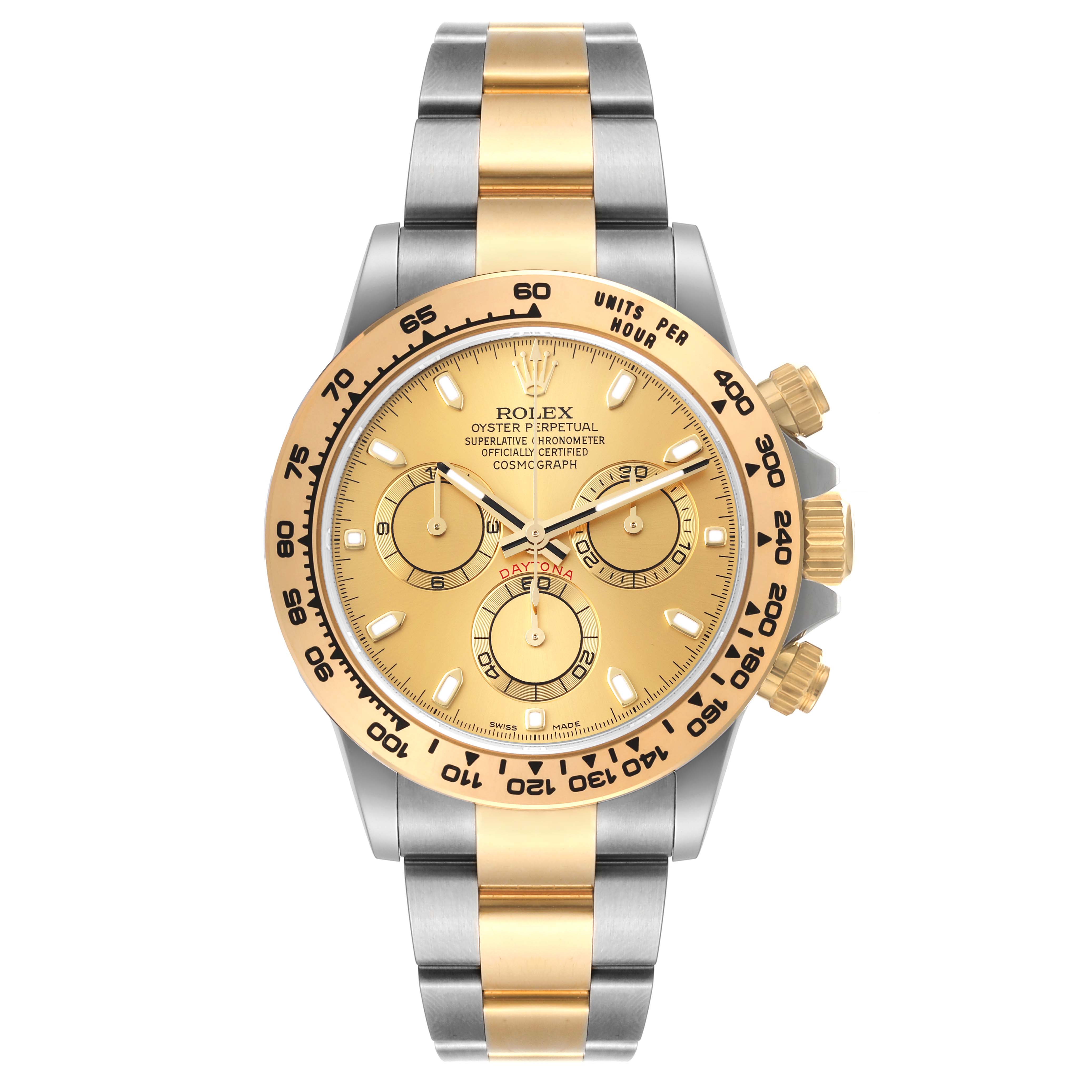 This Rolex Daytona 116503 Men's Steel and Gold (two tone) Champagne Dial 116503 Men's Steel and Gold (two tone) Champagne Dial watch is shown from the front, displaying its gold dial, bezel, and two-tone bracelet.