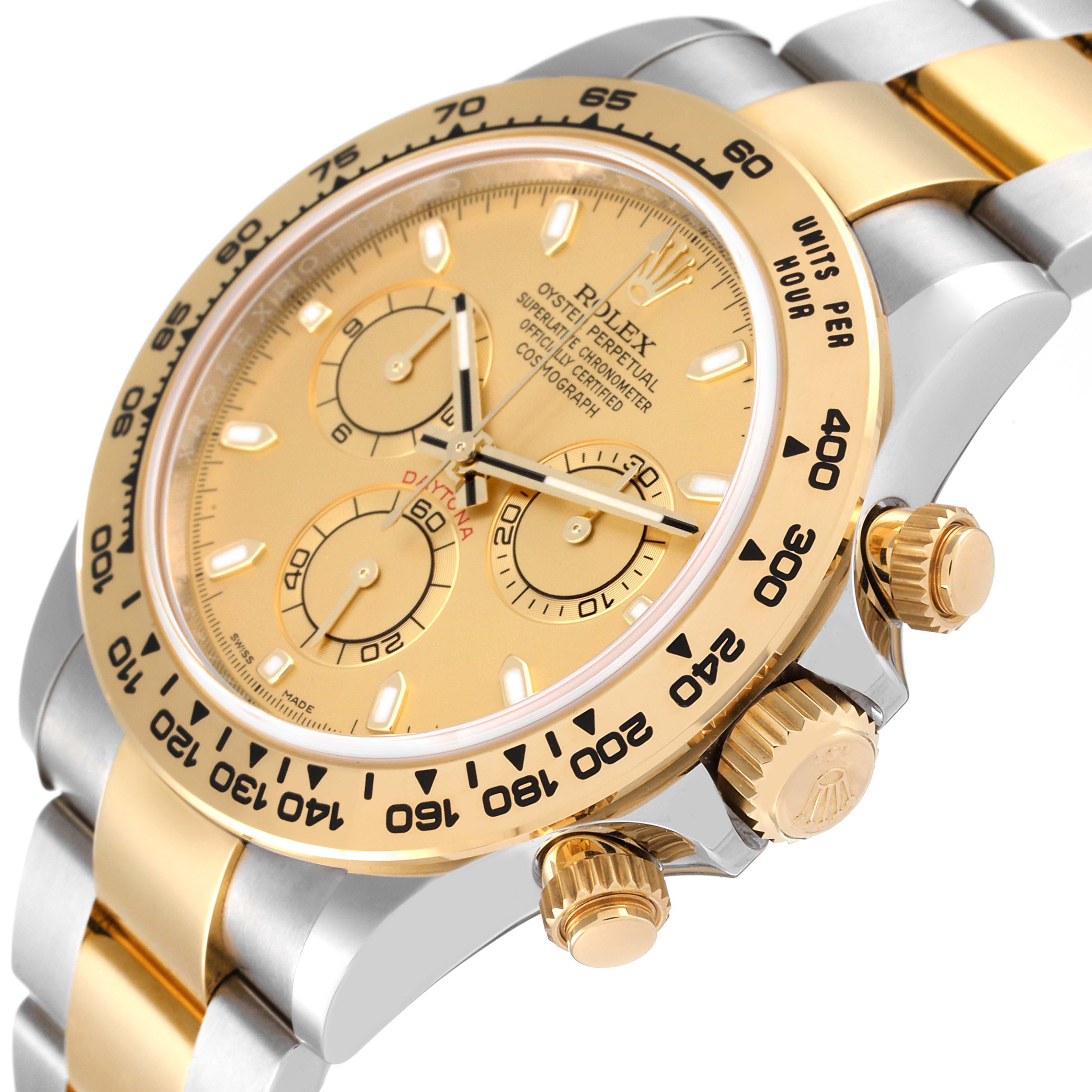 The Rolex Daytona 116503 Men's Steel and Gold (two tone) Champagne Dial 116503 Men's Steel and Gold (two tone) Champagne Dial watch is shown at an angle highlighting its dial, bezel, crown, and two-tone bracelet.