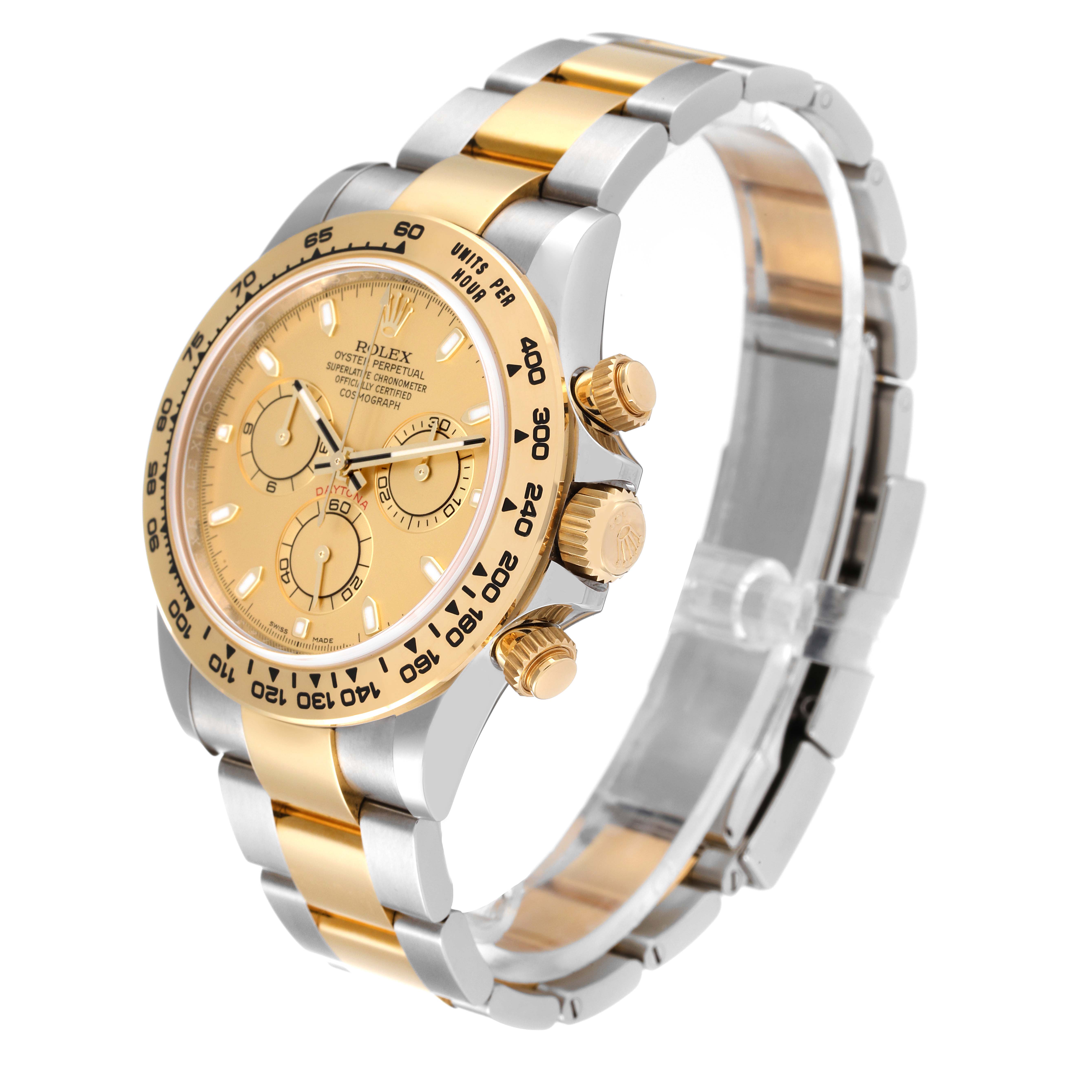 The Rolex Daytona 116503 Men's Steel and Gold (two tone) Champagne Dial 116503 Men's Steel and Gold (two tone) Champagne Dial watch is shown from an angled perspective, displaying its dial, bezel, and bracelet.