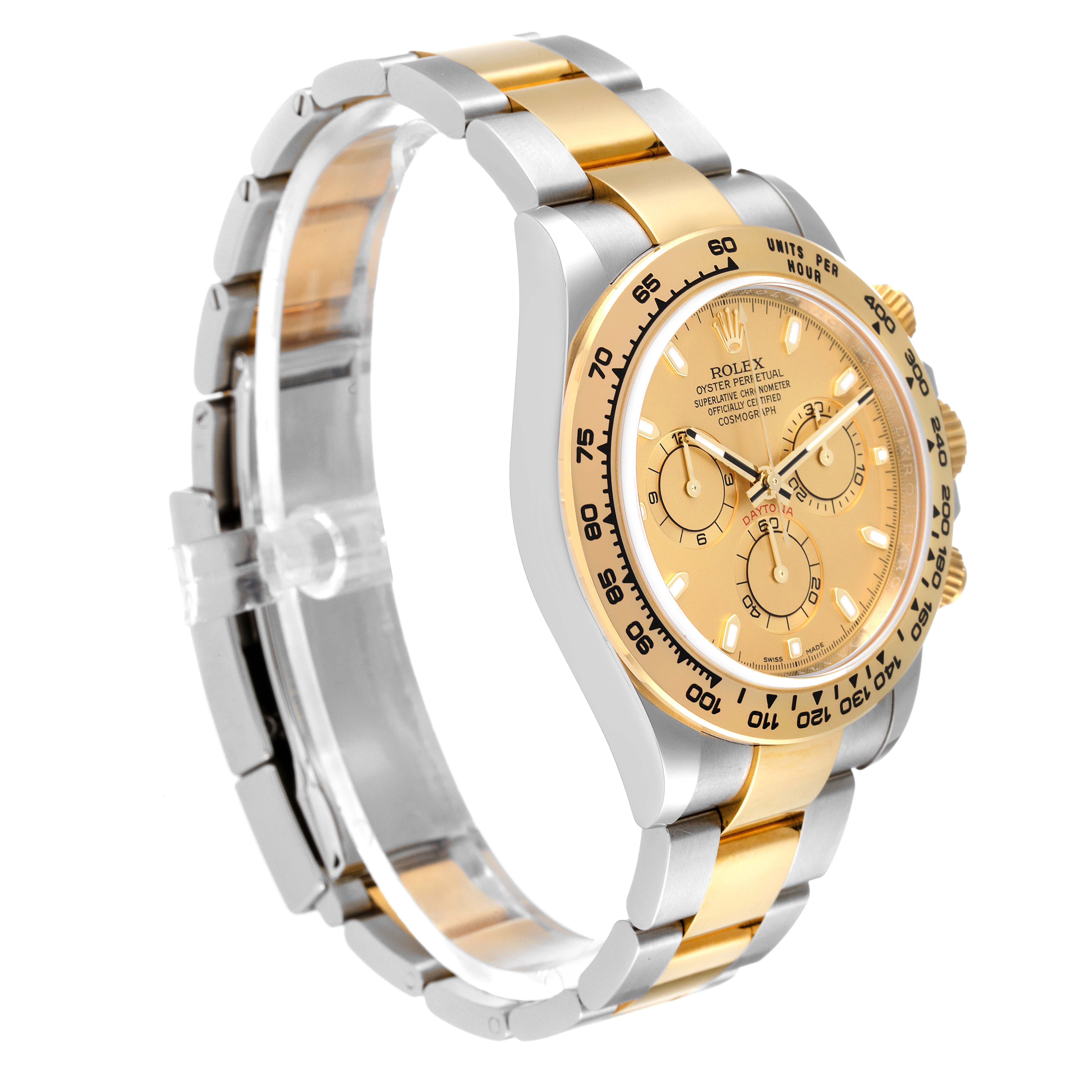 The image shows a side view of a Rolex Daytona 116503 Men's Steel and Gold (two tone) Champagne Dial 116503 Men's Steel and Gold (two tone) Champagne Dial watch, highlighting its gold and silver bracelet and detailed yellow dial.